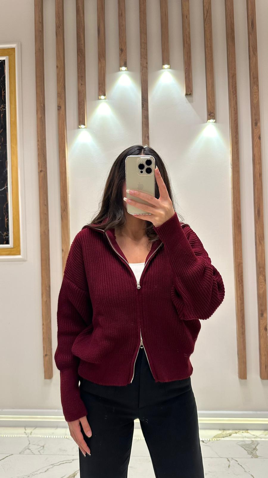 Kalın Örgü Çift Fermuar Hırka