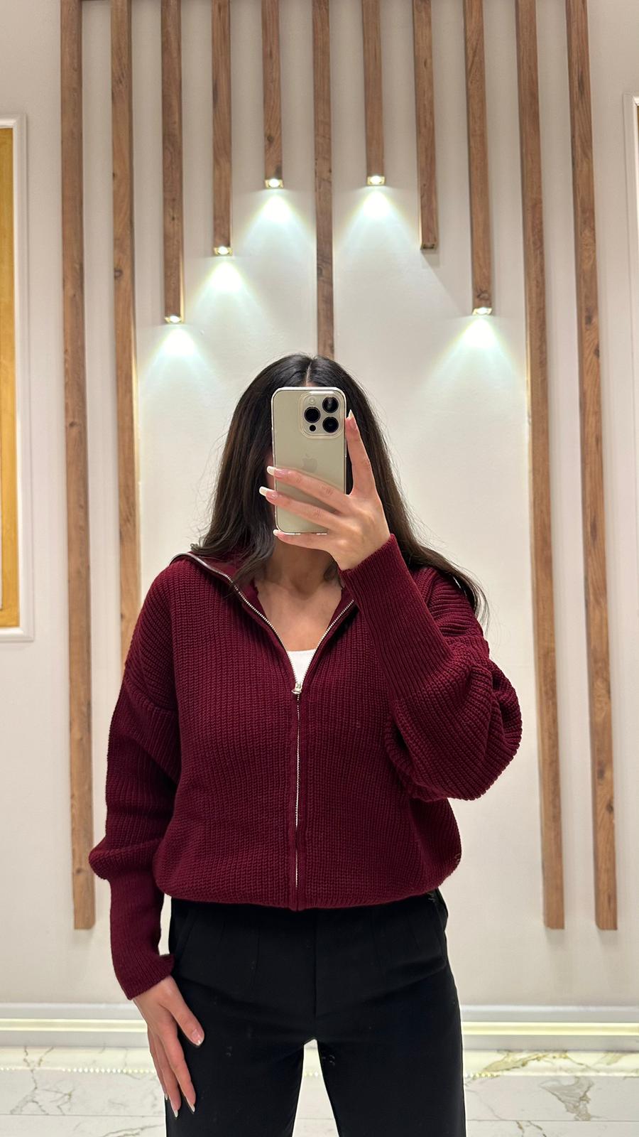 Kalın Örgü Çift Fermuar Hırka