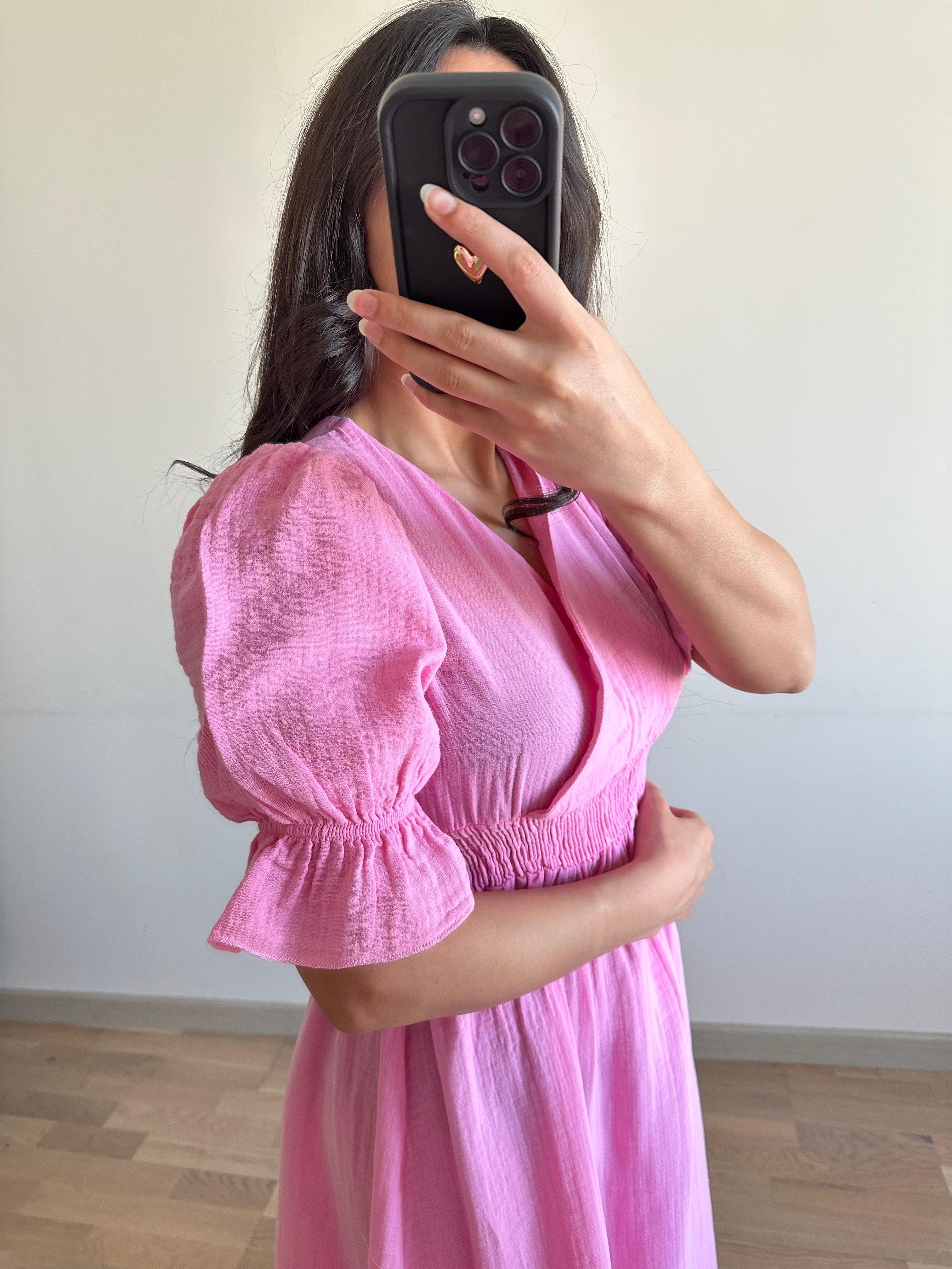 Bel büzgülü Elbise - Pembe