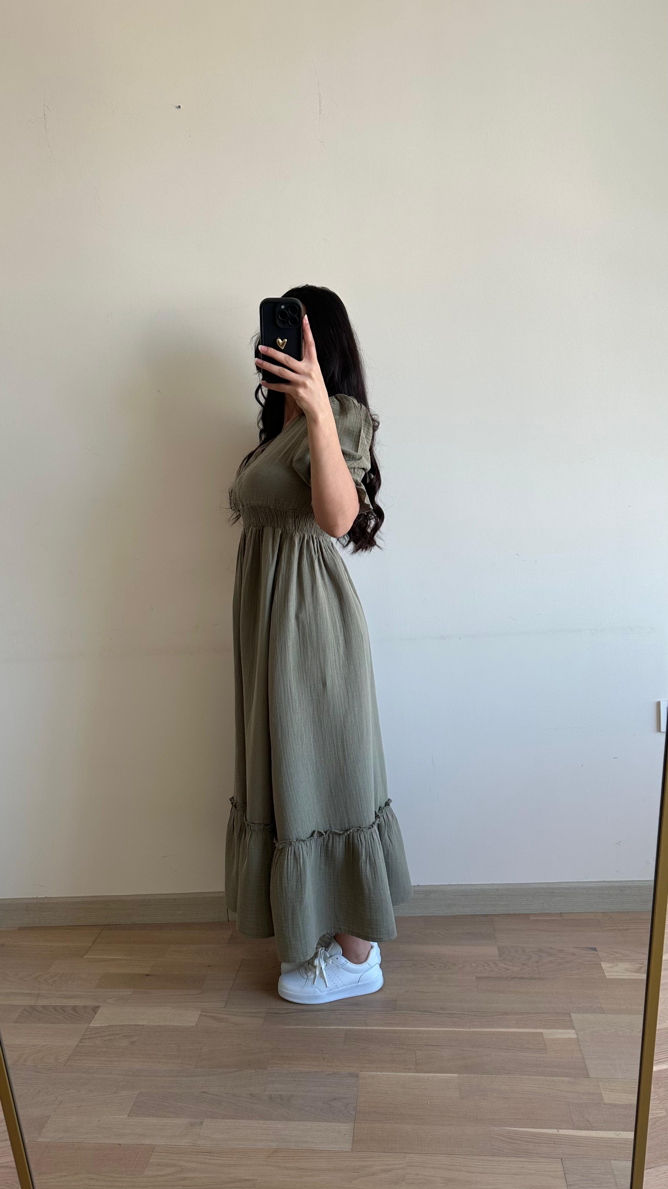 Bel büzgülü Elbise - Yeşil