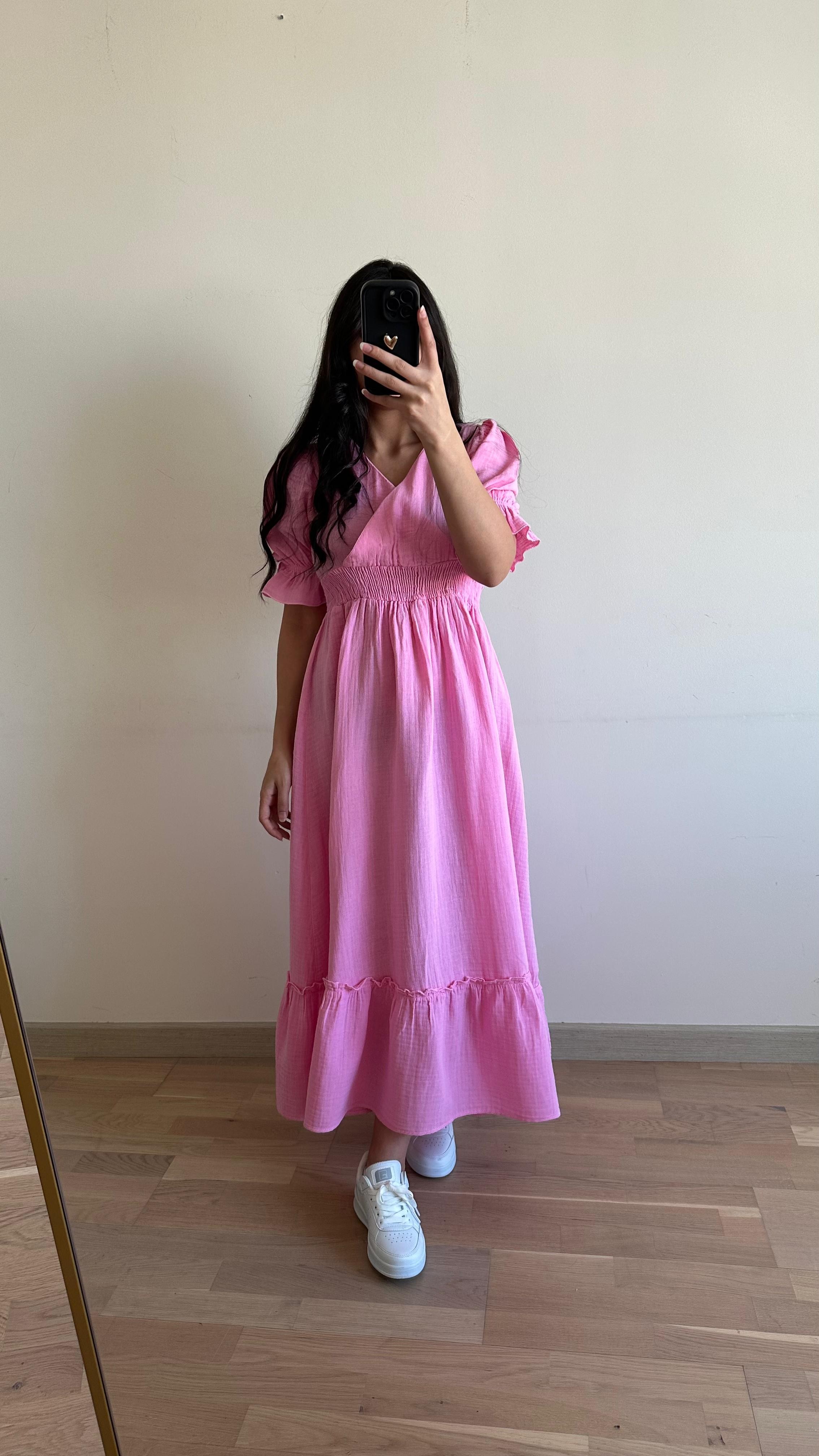 Bel büzgülü Elbise - Pembe