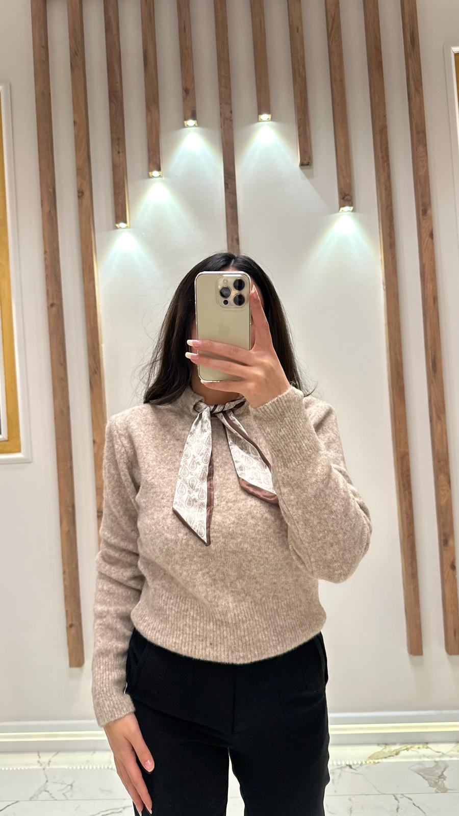 Fular Detaylı Soft Triko - Bej