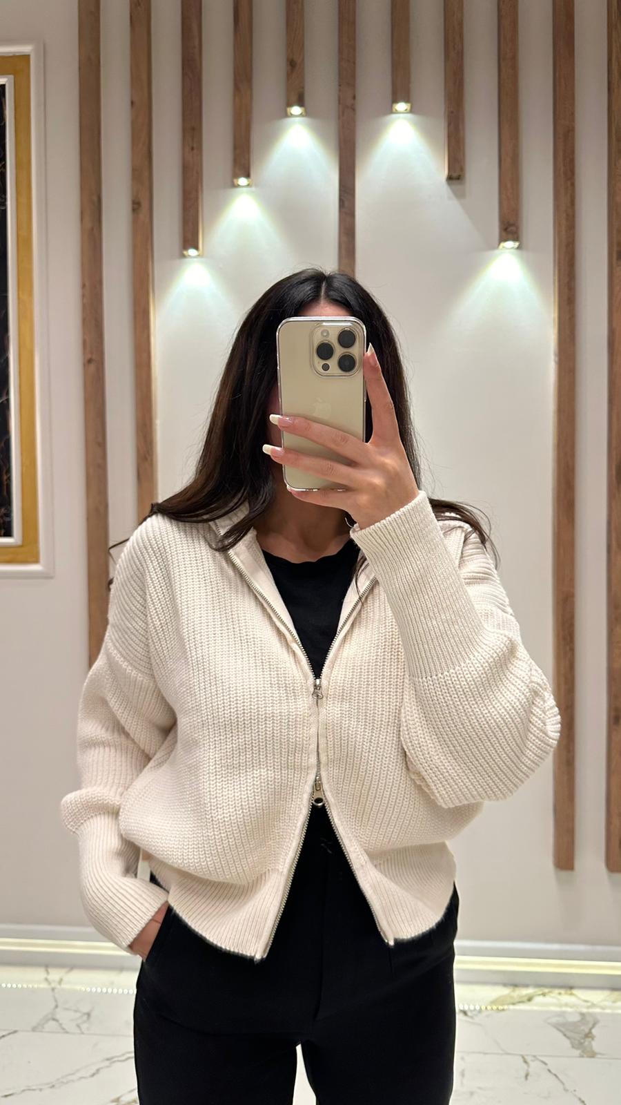 Kalın Örgü Çift Fermuar Hırka - Ekru