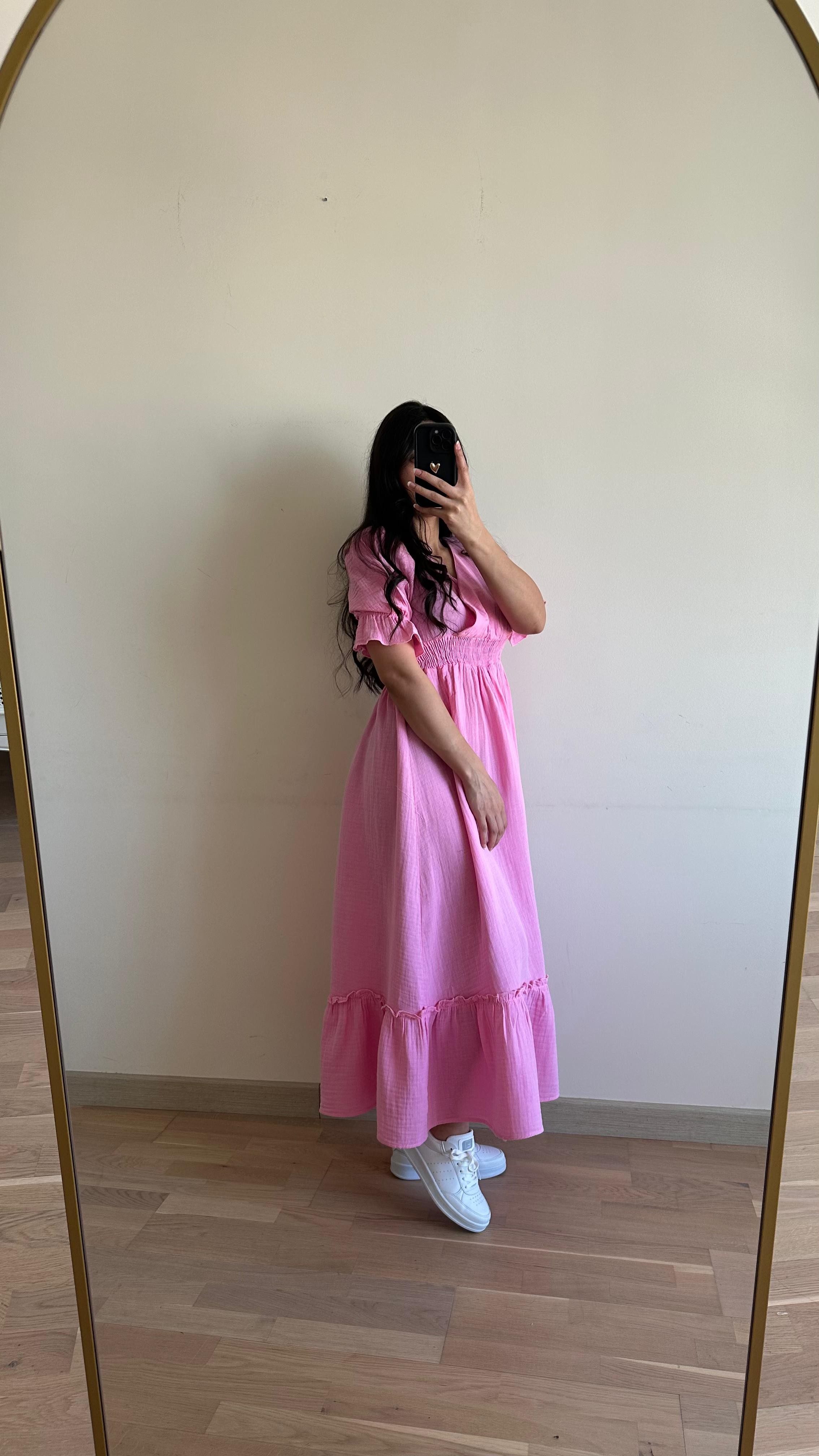 Bel büzgülü Elbise - Pembe