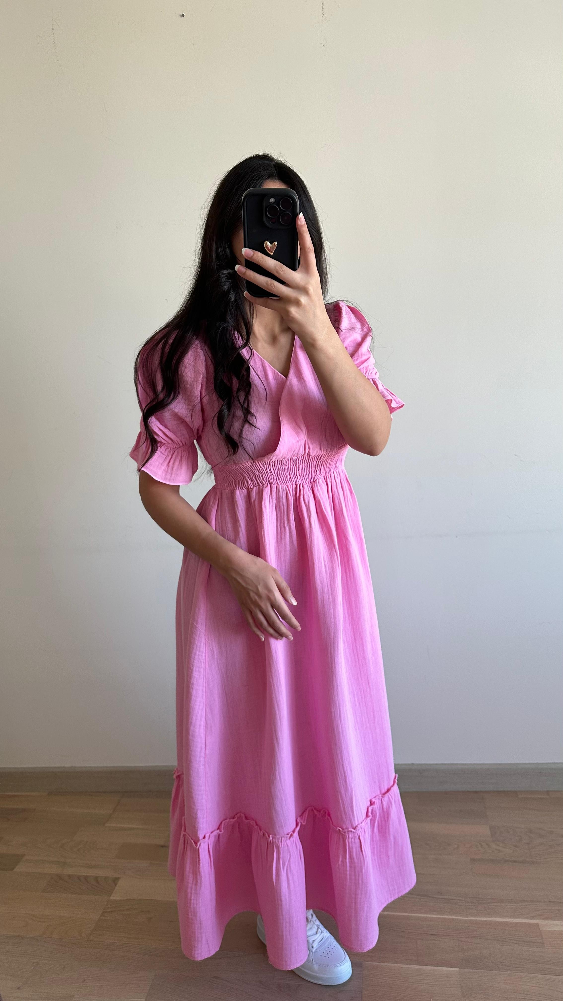 Bel büzgülü Elbise - Pembe