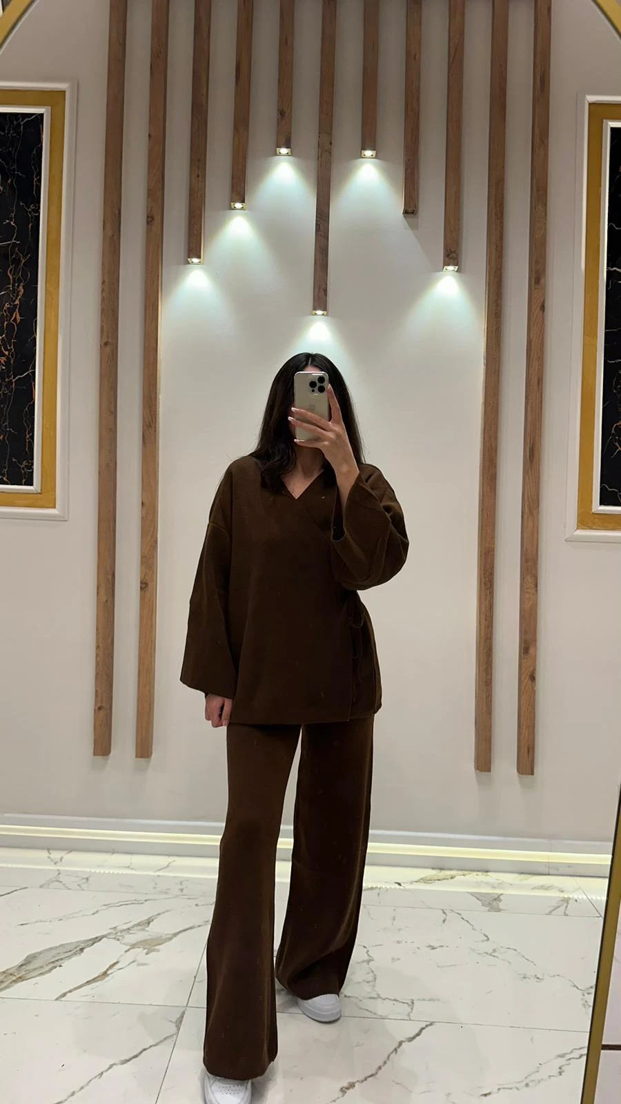 Kuşaklı Çapraz Triko Takım - Kahverengi