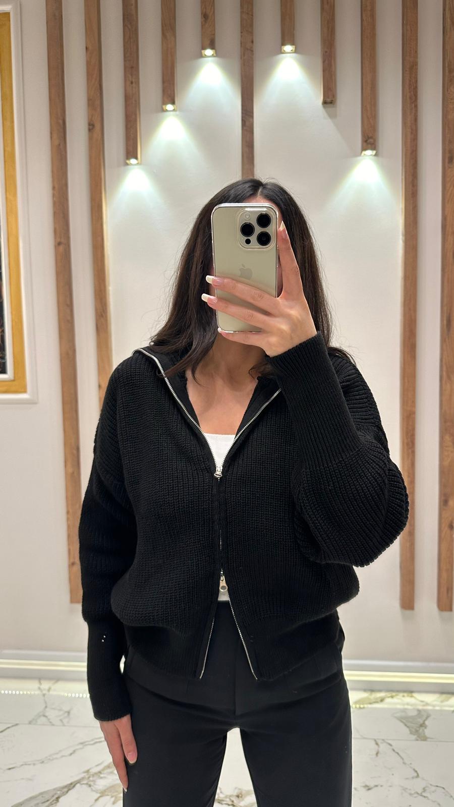 Kalın Örgü Çift Fermuar Hırka - Siyah