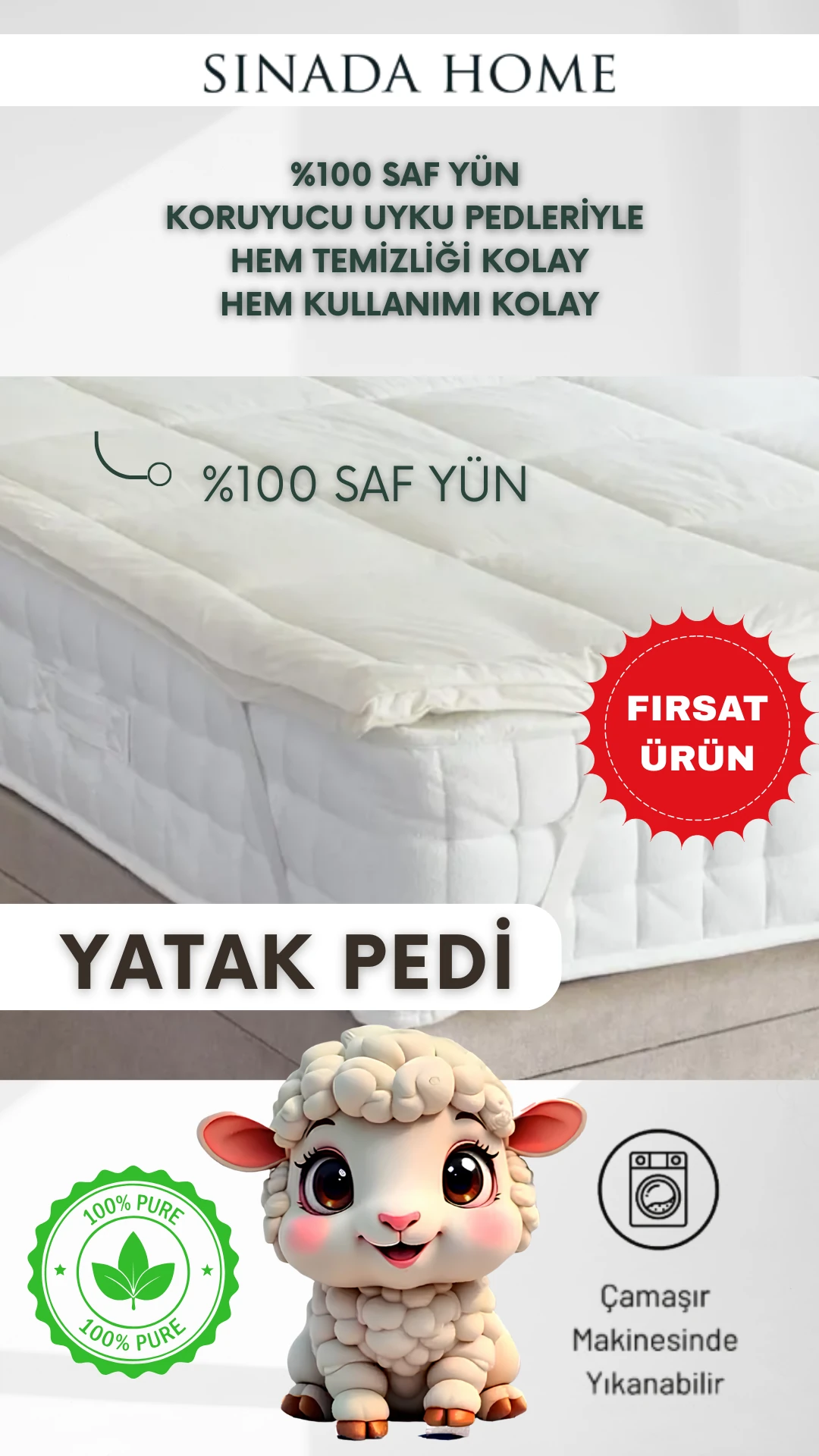 Sinada Home %100 Pamuk Kumaş ile Nefes Alabilen %100 Yün Dolgulu Tek ve Çift Kişilik Yatak Pedi