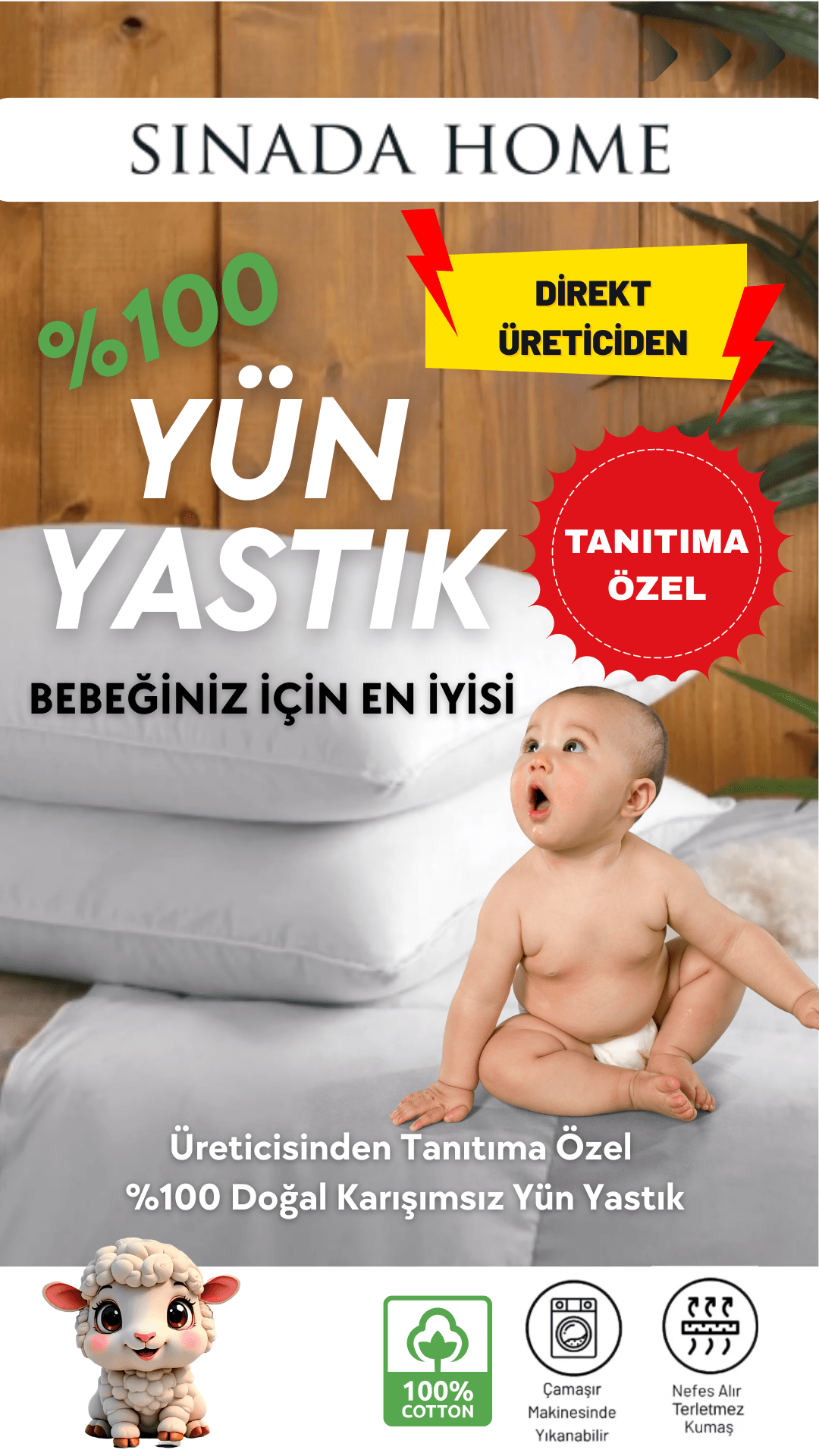 Sinada Bebekler için %100 Yıkanmış Saf Yün Yastık  %100  Pamuk Kılıf Doğal Yastık