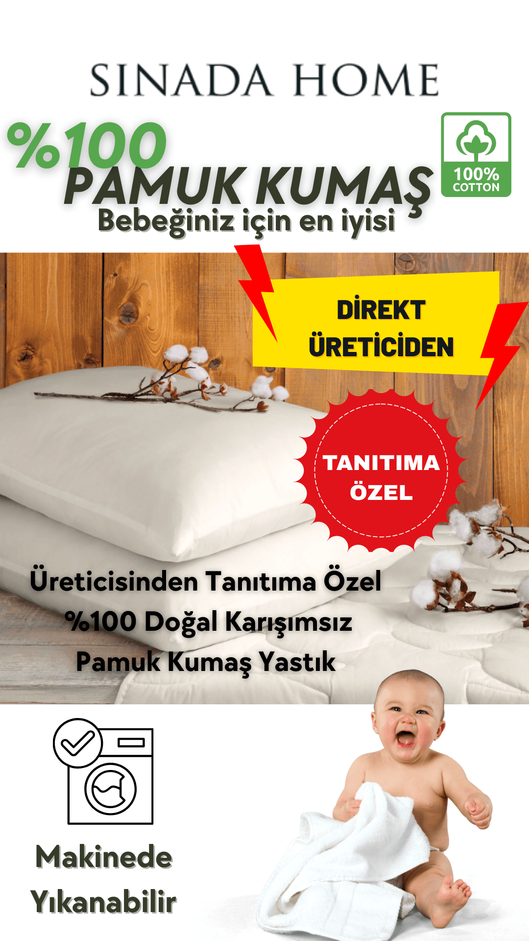 Sinada Bebekler için %100 Pamuk Dış Kumaş Elyaf Dolgu Beyaz Yastık