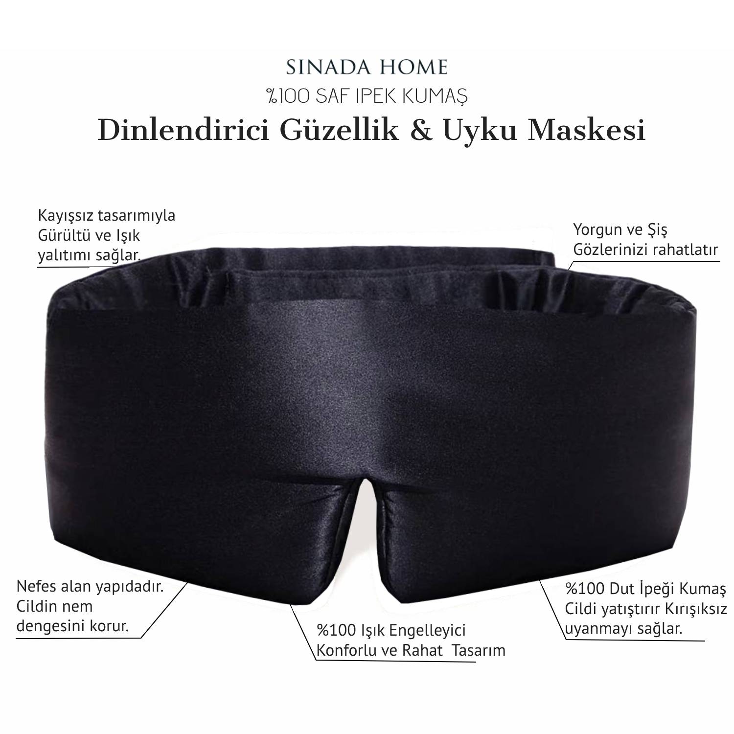 Siyah %100 Saf Lüx Dut İpek Hollywood Model Uyku Bandı Kırışıklık Önleyici İpek Etkisi