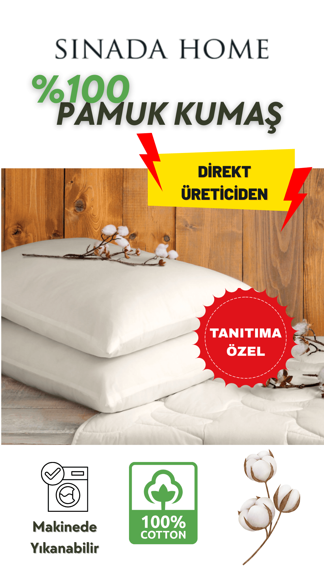 Sinada %100 Pamuk Dış Kumaş Elyaf Dolgu Beyaz Yastık