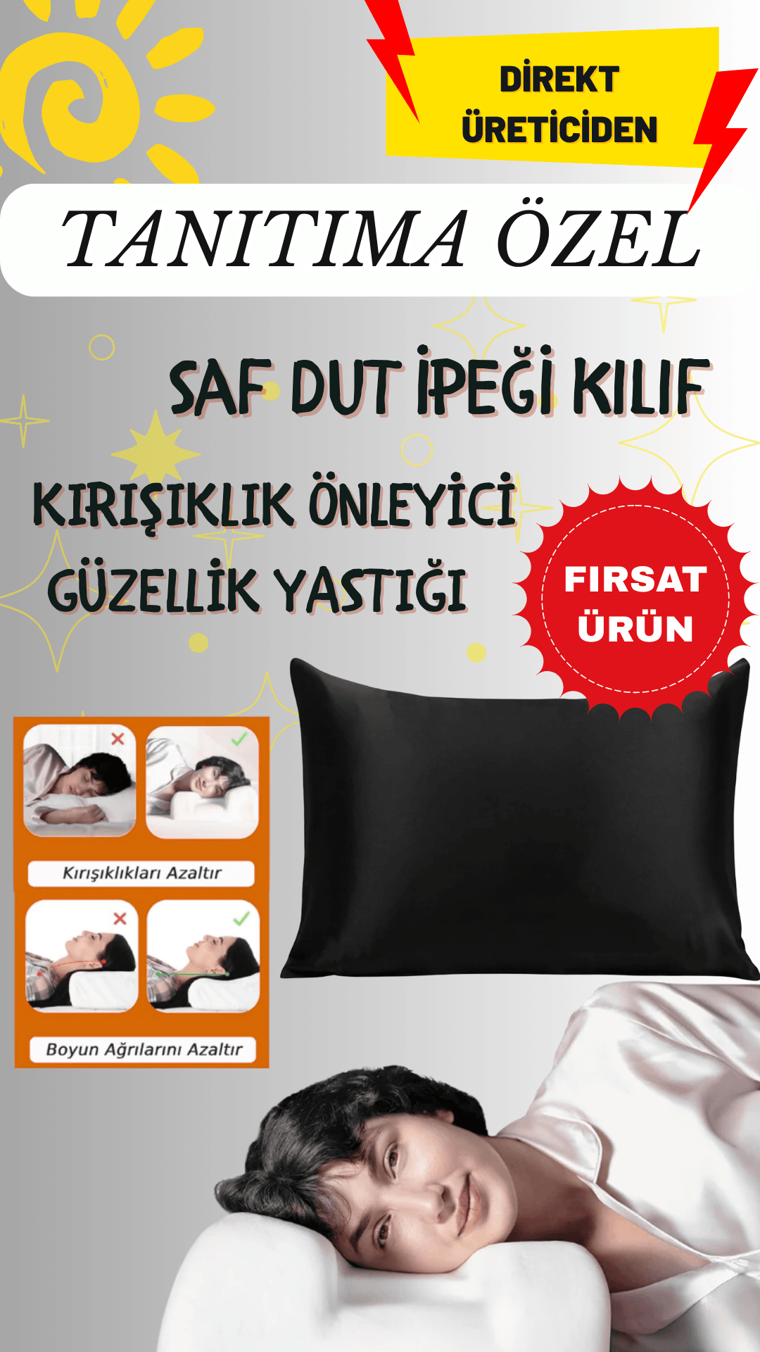 %100 Saf Dut İpek Kumaş Siyah Güzellik Yastığı Kılıfı ( Kırışıklık Önleyici )