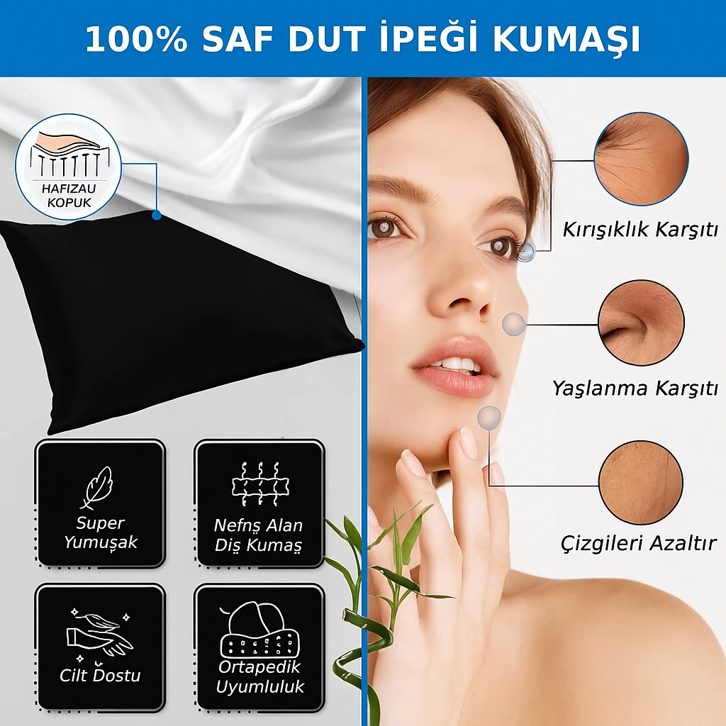 Sinada Home %100 Saf Dut İpek Kumaş Siyah Kılıflı Güzellik Yastığı ( Kırışıklık Önleyici )