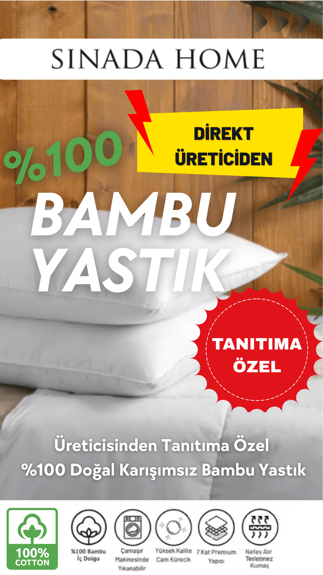 %100 Bambu Dolgu Yastık 