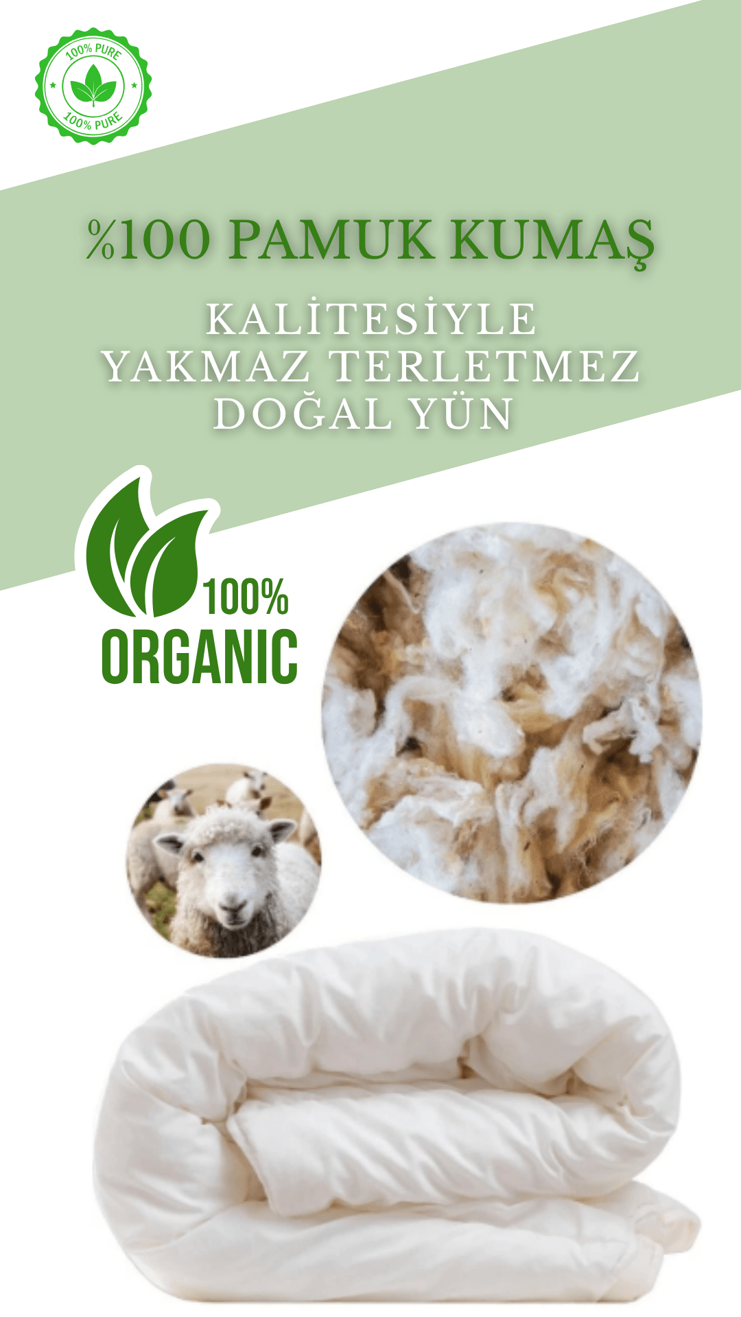 %100 Yıkanmış Saf Yün Yastık  %100  Pamuk Kılıf Doğal Yastık