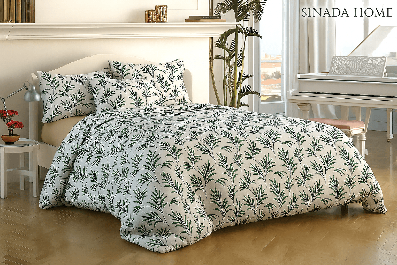 Sinada Home Krem Renkli Yapraklı Çiçek Desenli Lastikli Çarşaflı Nevresim Takımı