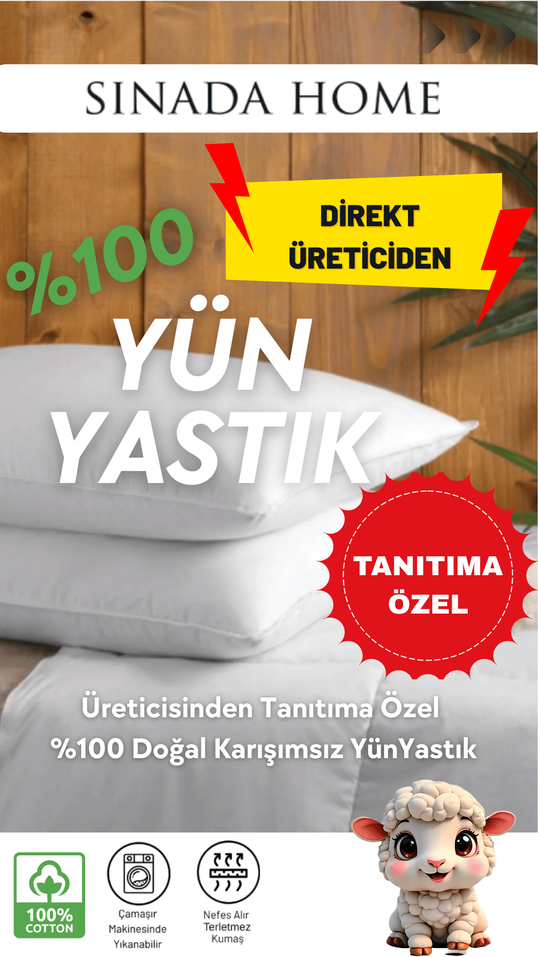 %100 Yıkanmış Saf Yün Yastık  %100  Pamuk Kılıf Doğal Yastık