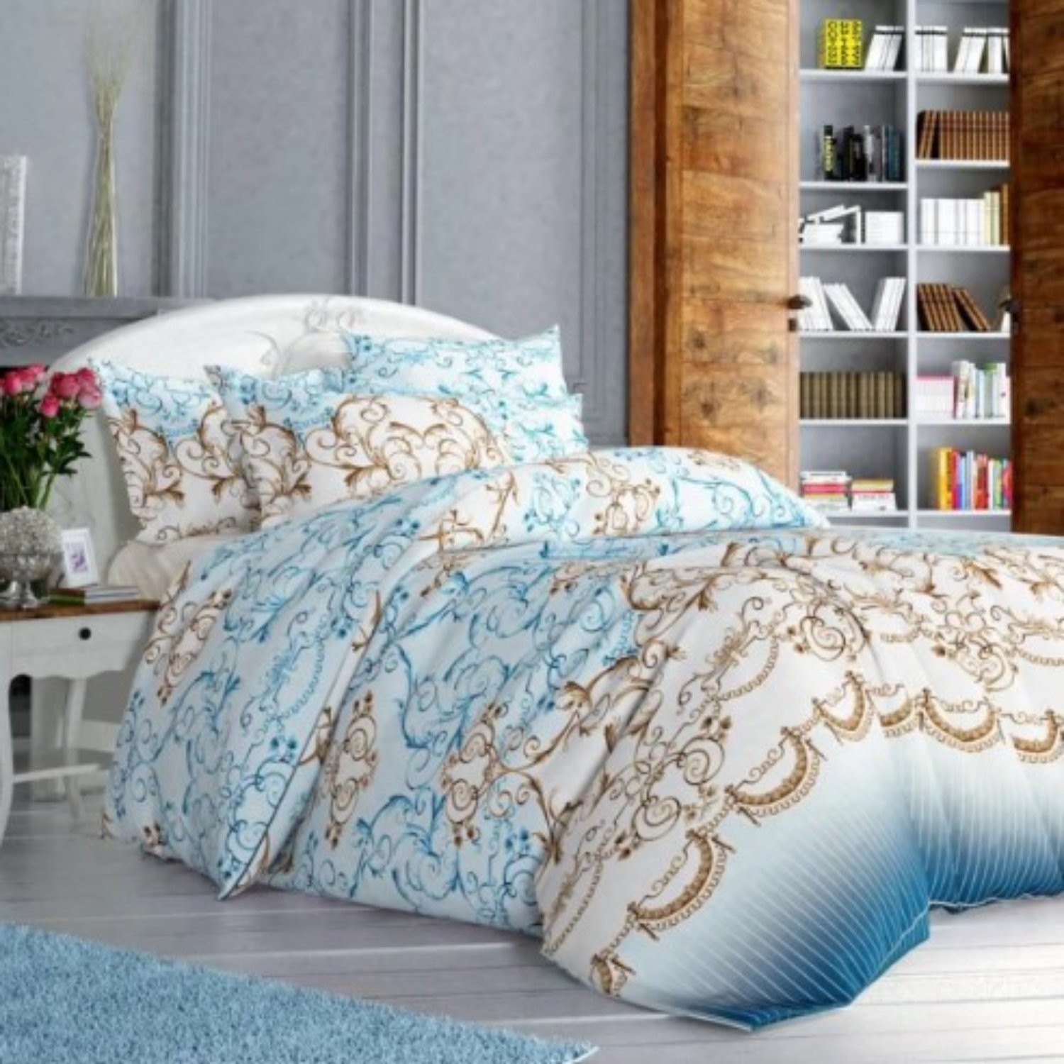 Sinada Home 82 Tel %100 Pamuk Mavi Varak Desenli Nevresim Takımı Tek Kişilik 160x215cm