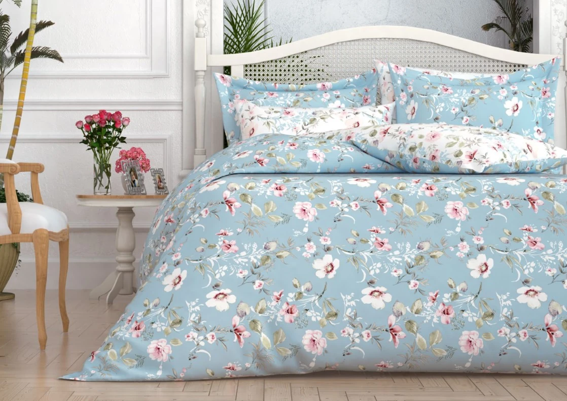 Mavi Beyaz Çiçek Desenli Nevresim Seti %100 Pamuk 62 Tel Kumaş  ( 12-27549 )