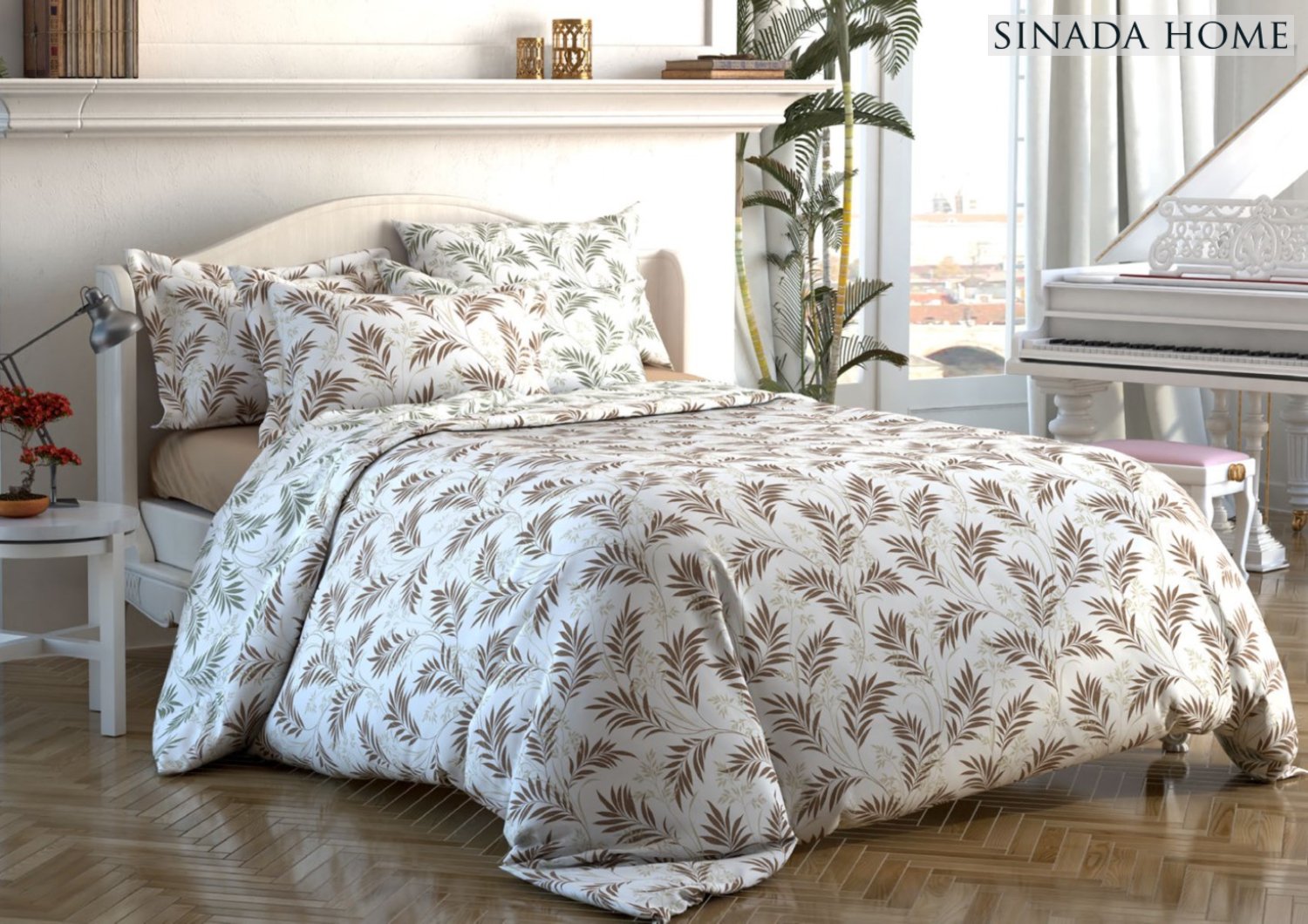 Sinada Home Krem Renkli Çiçek Desenli Lastikli Çarşaflı Nevresim Takımı 