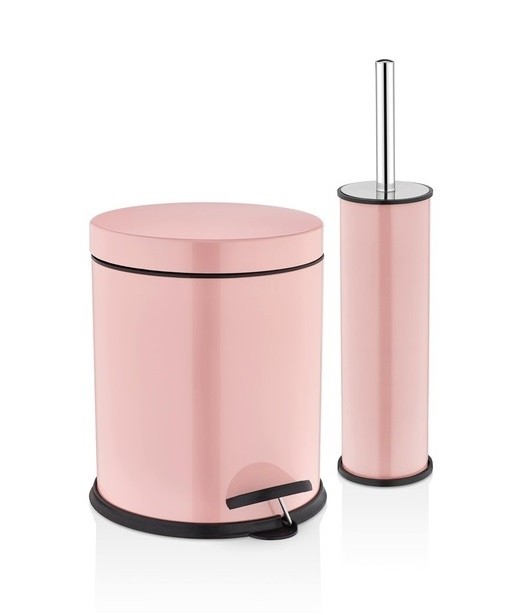 Rulopak 3Lt Pedallı Çöp Kovası & WC Fırçası Paslanmaz 2 Li Set Pembe