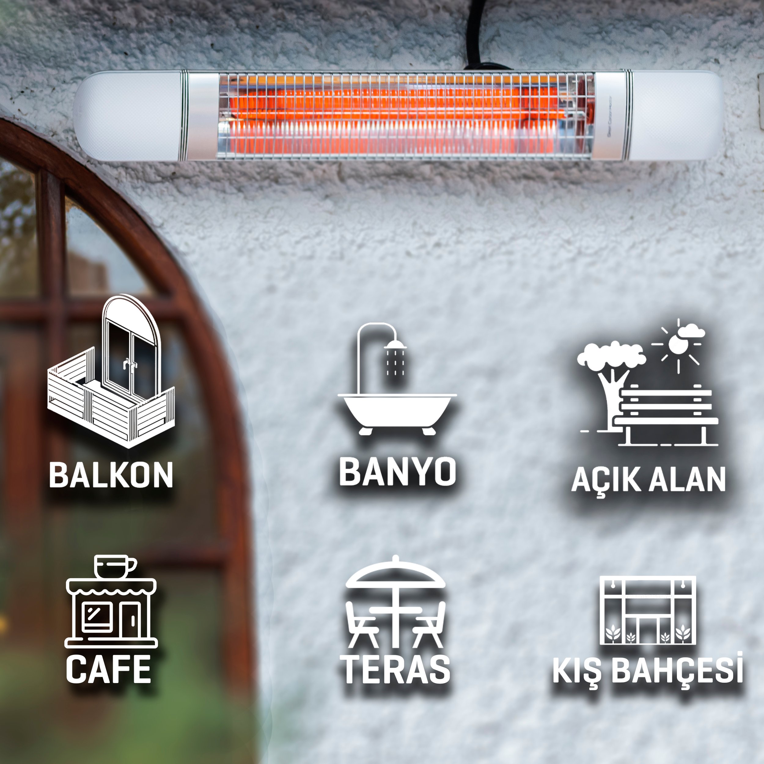 Luxeva Pro-BC Beyaz Karbon Elektrikli İnfrared Isıtıcı Cafe Dış Mekan Açık Alan Elektrikli Isıtıcı 2000W