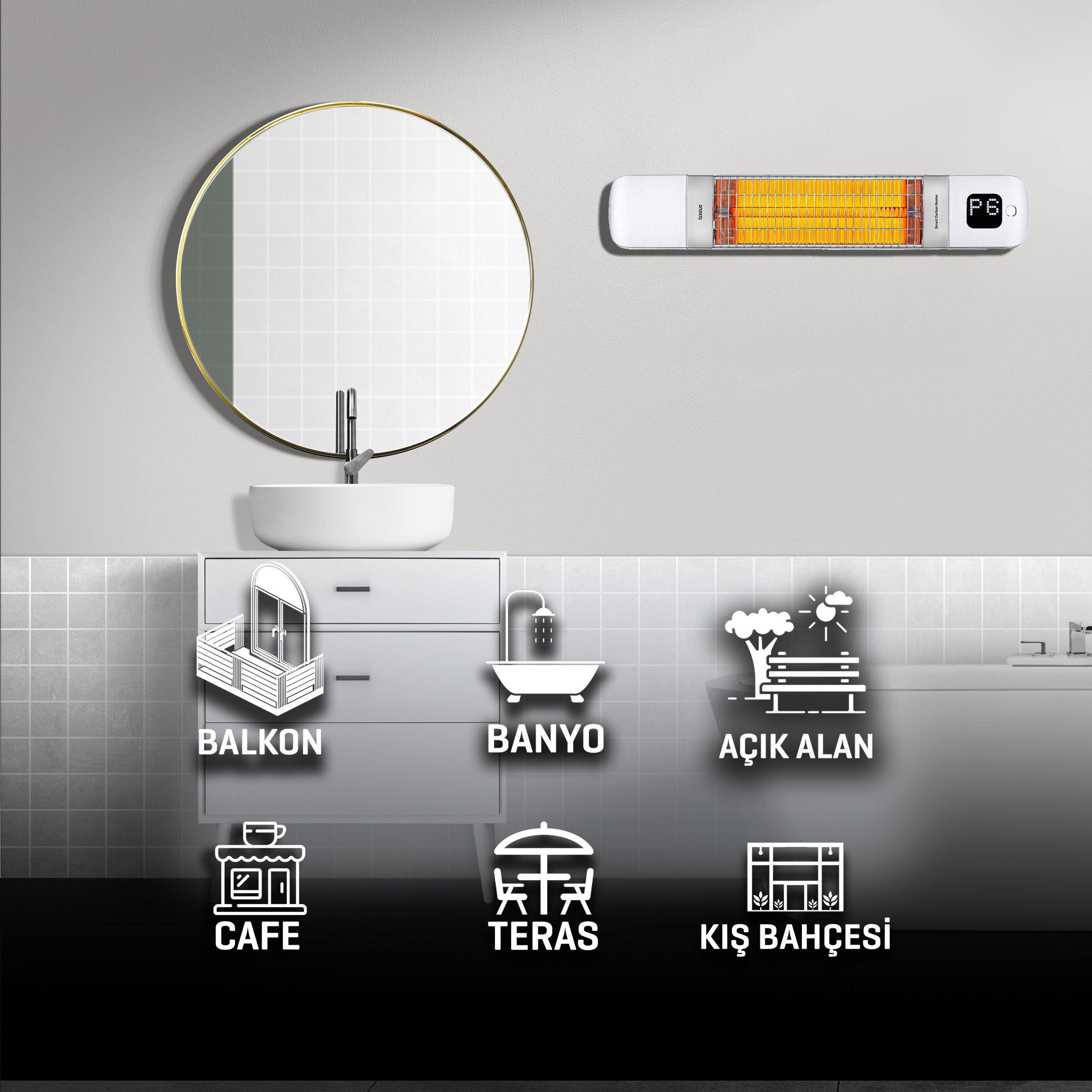Luxeva Smarty-WL Mini Beyaz Karbon İnfrared Elektrikli Isıtıcı Duvar Tipi Akıllı Ip55 Su Geçirmez Banyo Elektrikli Isıtıcı Dış Mekan Ve Açık Alan Isıtıcı 1200W