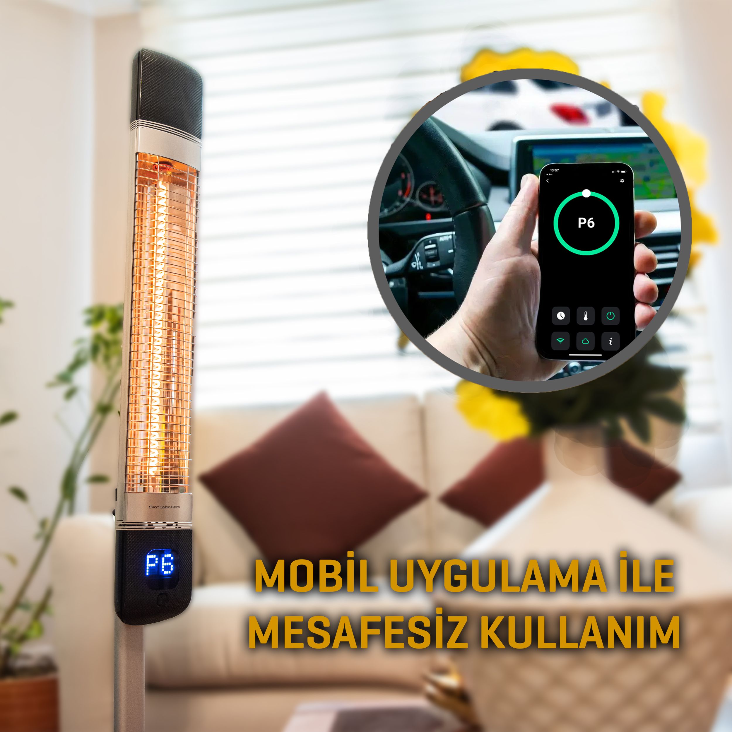 Luxeva Smart-FR Siyah Karbon Elektrikli İnfrared Isıtıcı IP55 Su Geçirmezlik Kule Tipi Elektrikli Isıtıcı 2500W