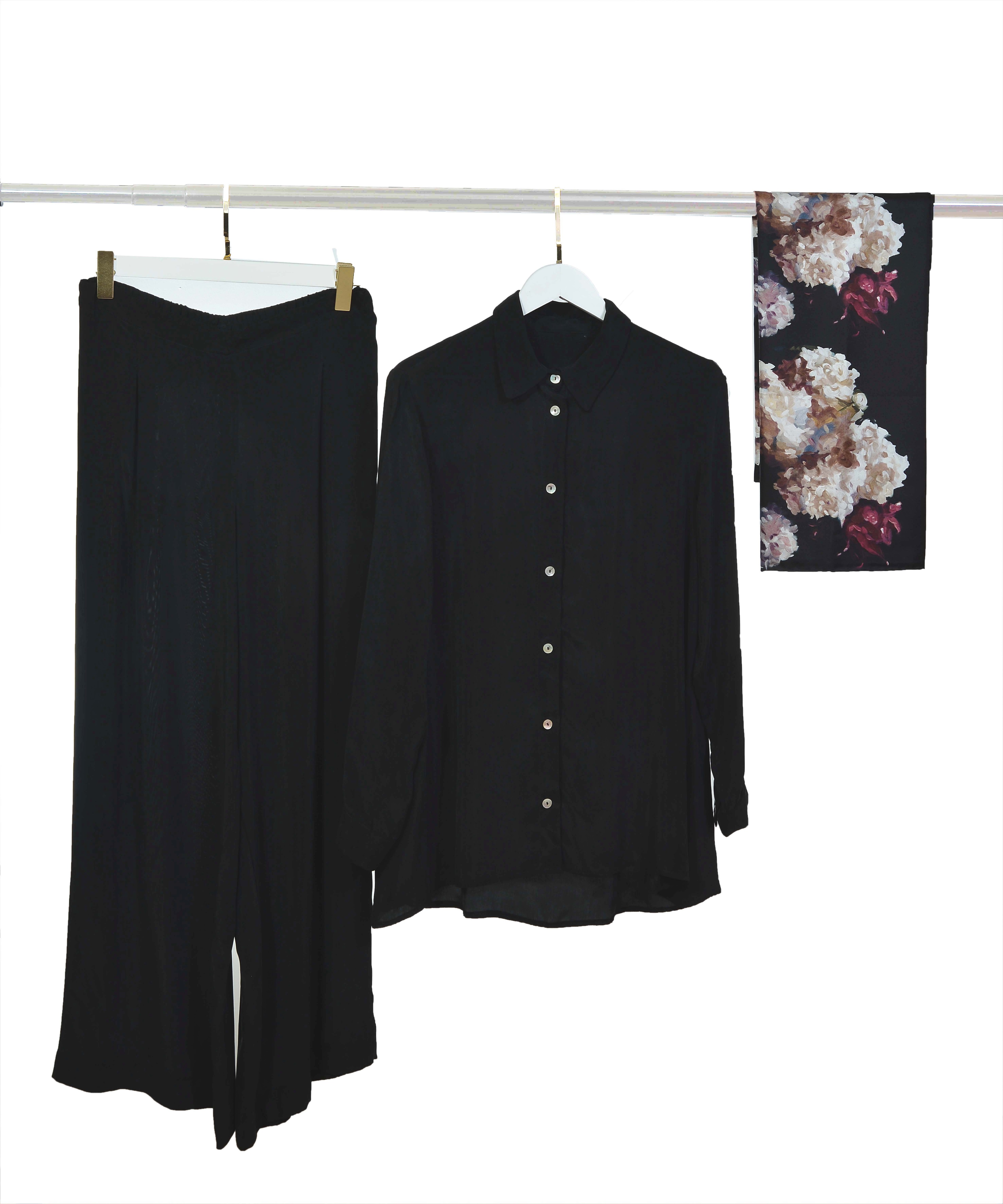 PEONY SİYAH İPEK PANTOLONLU TAKIM 