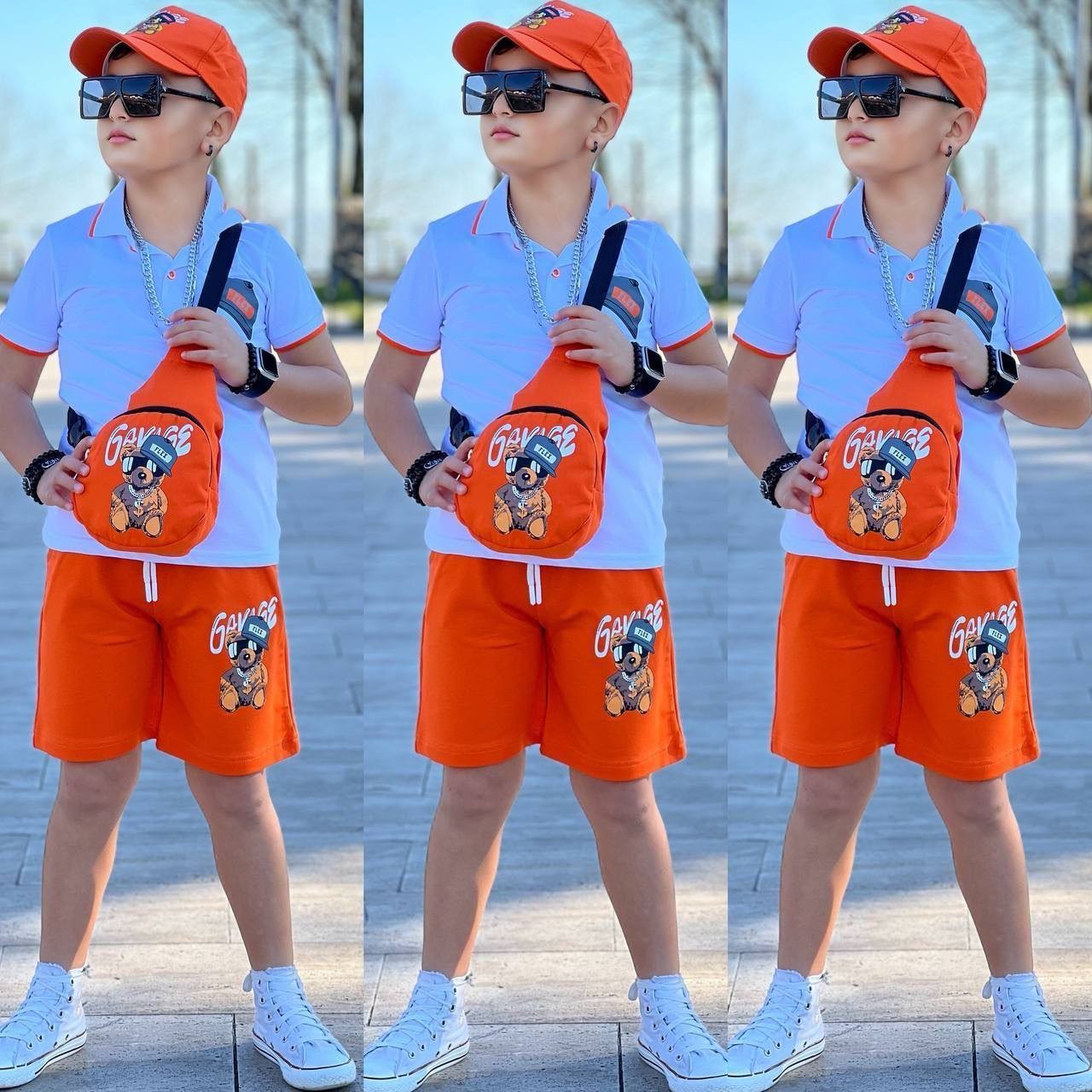Ayıcık Desenli Polo t-shirt Çanta Şapka Kombin