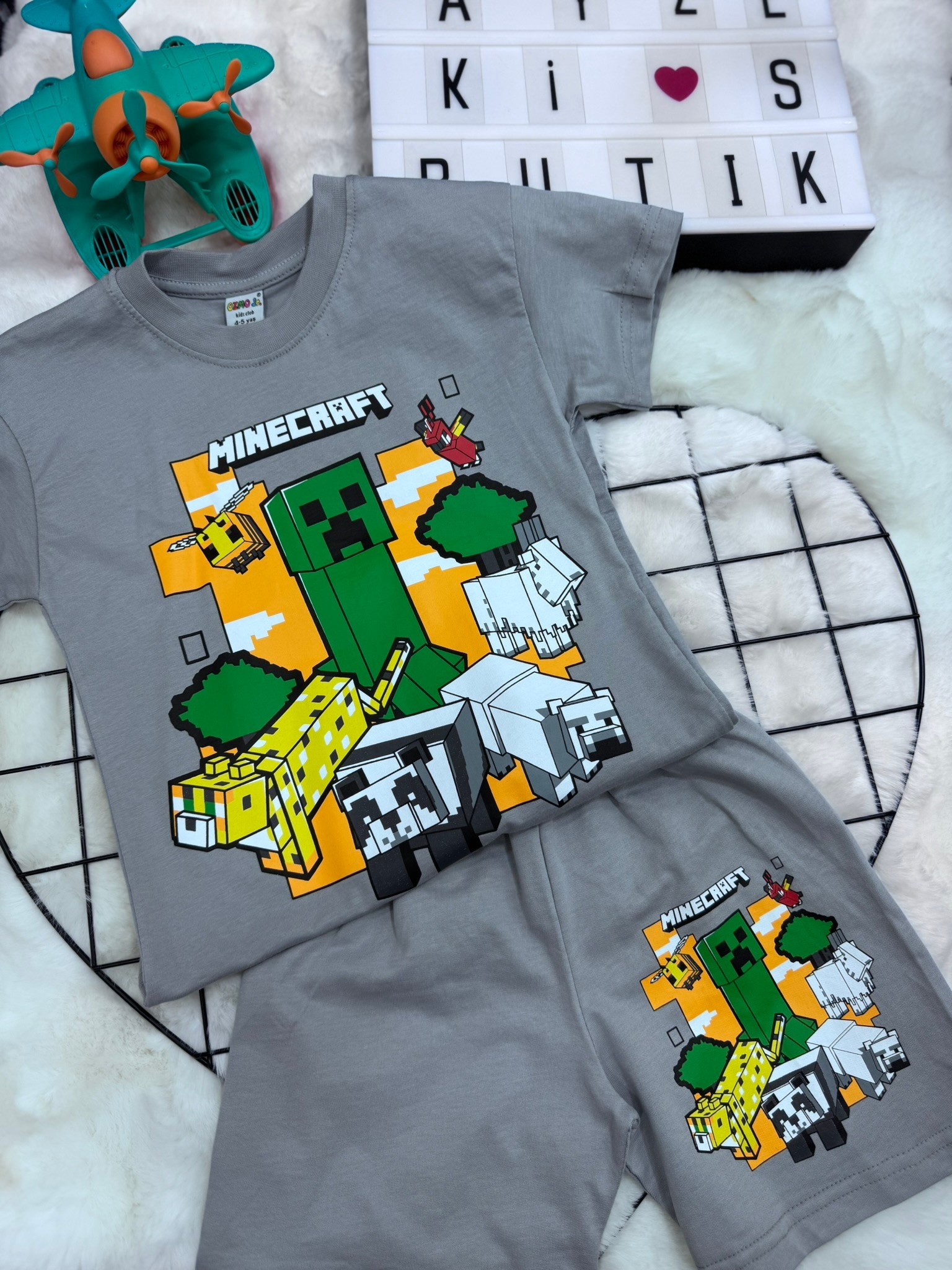 Minecraft %100 Pamuklu Alt Üst Takım Gri