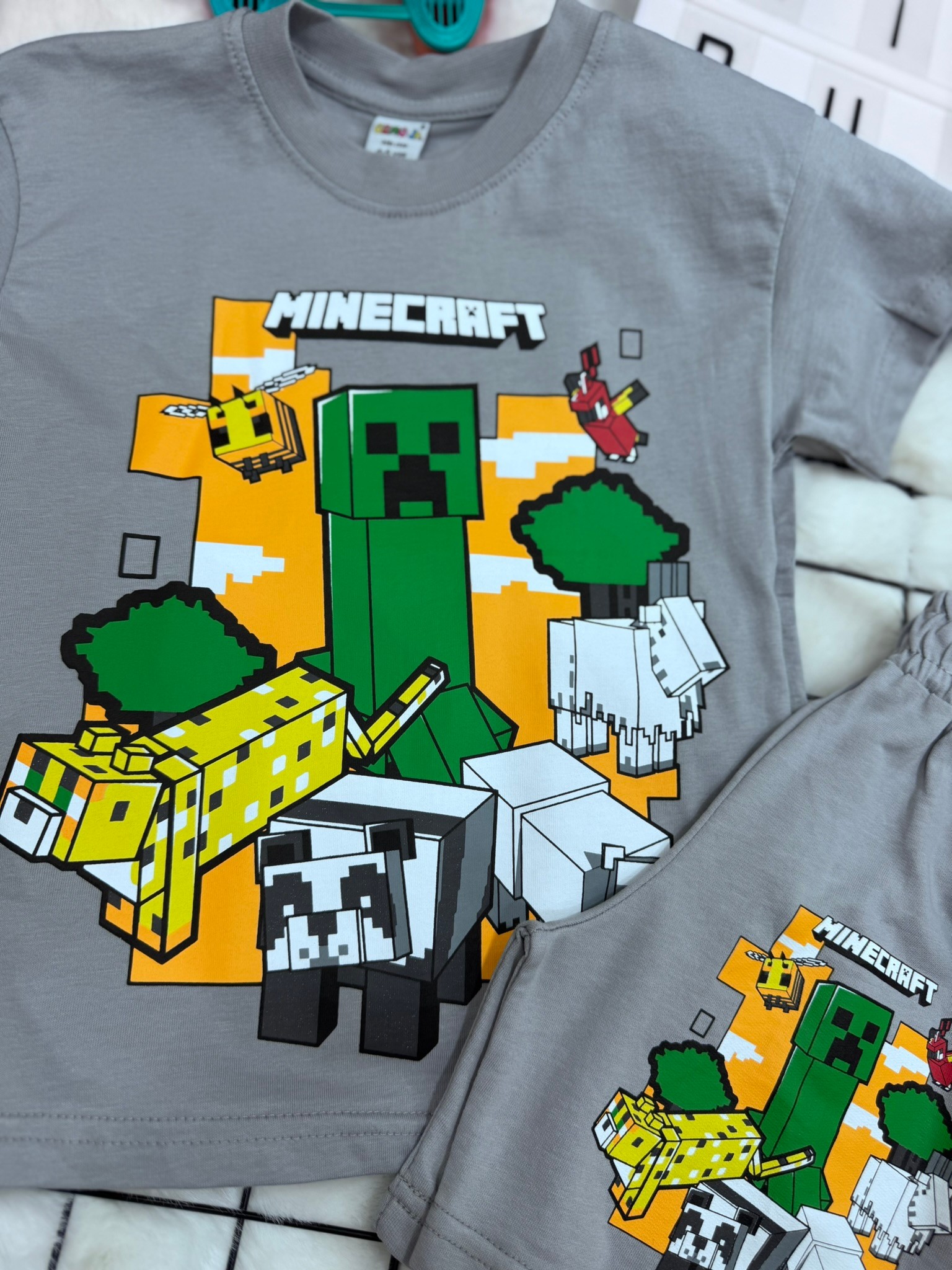 Minecraft %100 Pamuklu Alt Üst Takım Gri