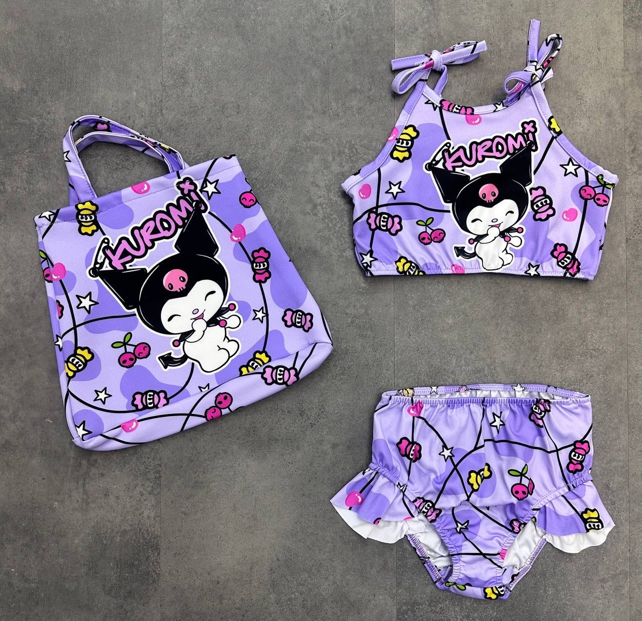 Kuromi Desenli Çantalı Mor Kız Çocuk Bikini