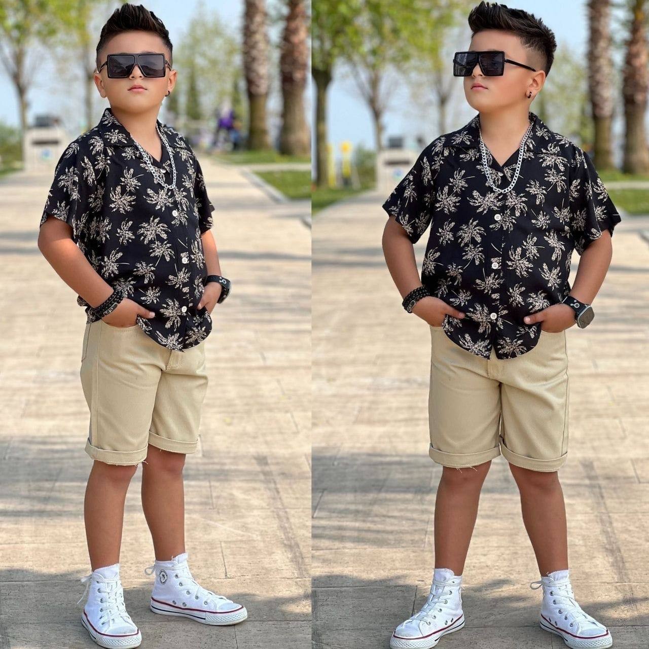 Yaprak Desen Gömlek Kot Şort İkili Takım