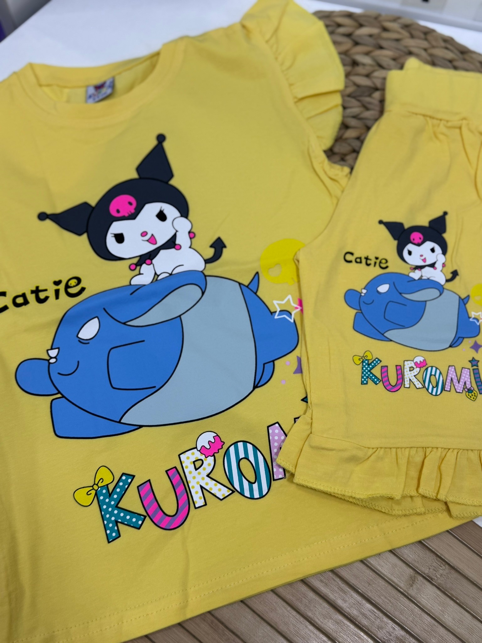 Kuromi Baskılı Kız Çocuk Şortlu Takım Sarı
