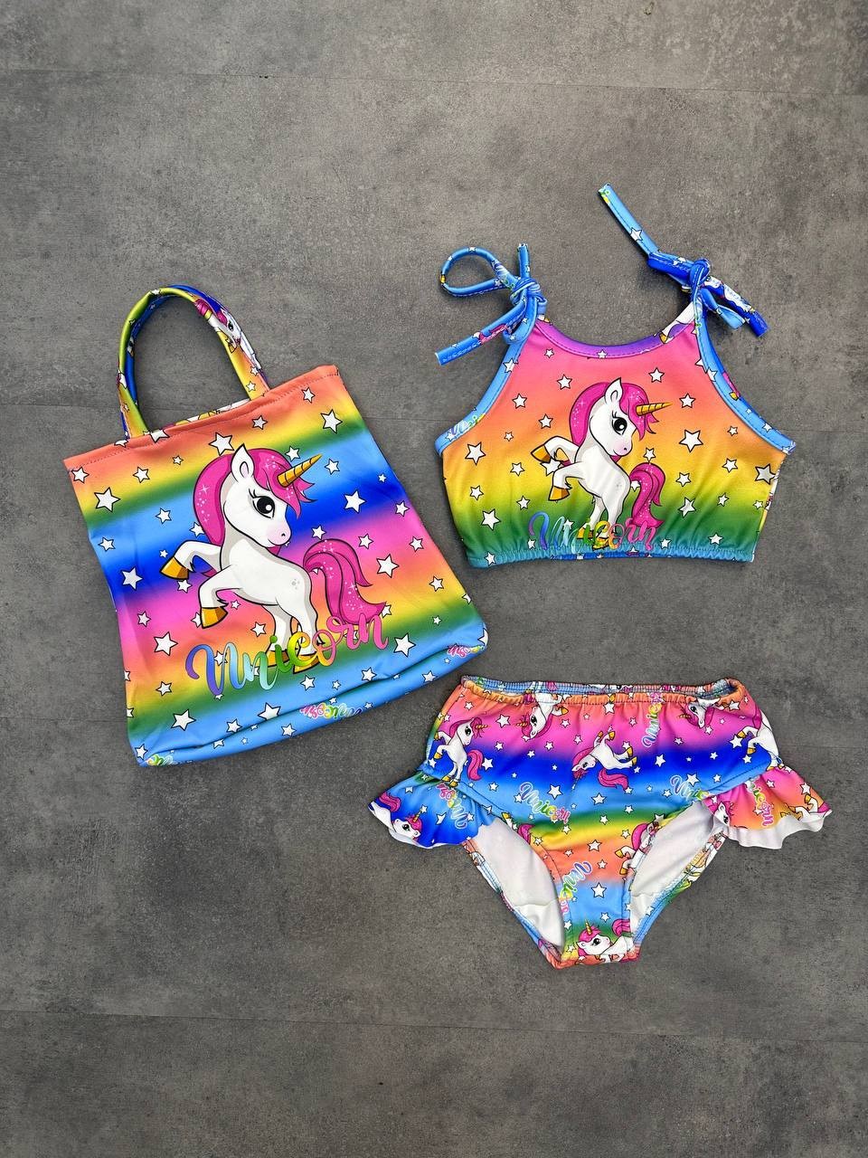 Unicorn desenli kız çocuk bikini 3lü kombin pembe