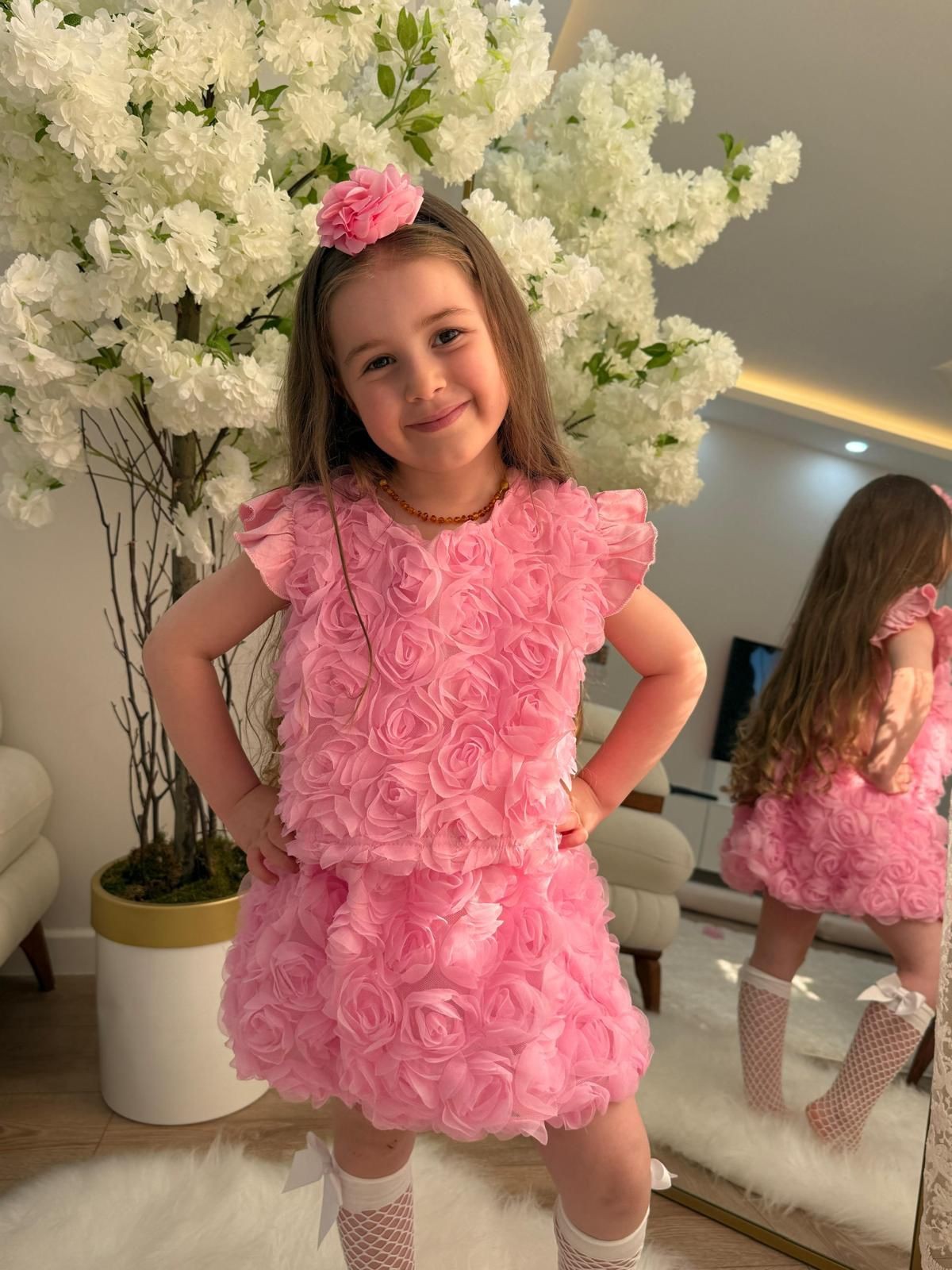 Gül Tasarım Taç Dahil Kız Çocuk Kombin Pembe