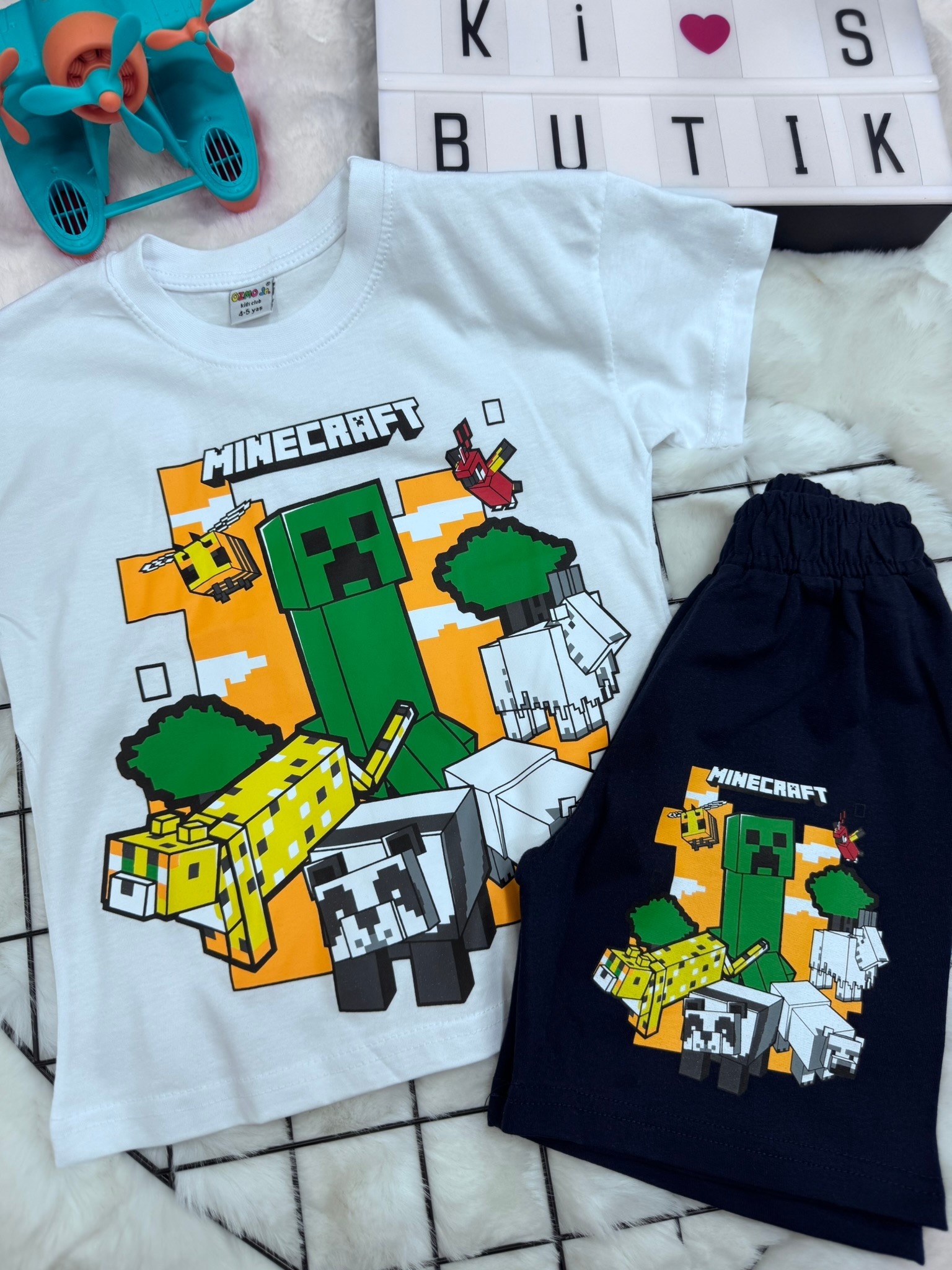 Minecraft %100 Pamuklu Alt Üst Takım Beyaz
