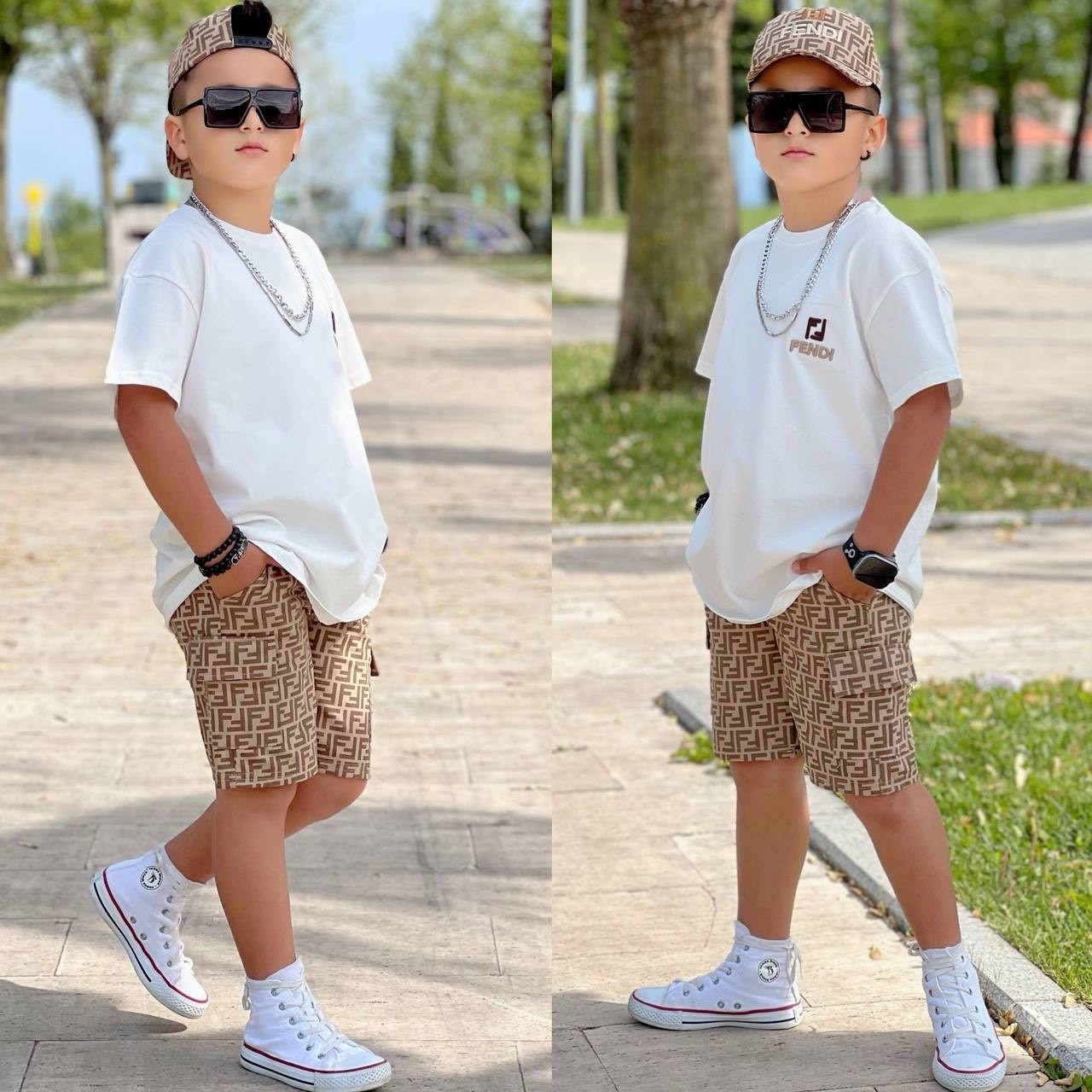  T-shirt Şapka Kot Şort 3-lü Erkek Çocuk Kombin