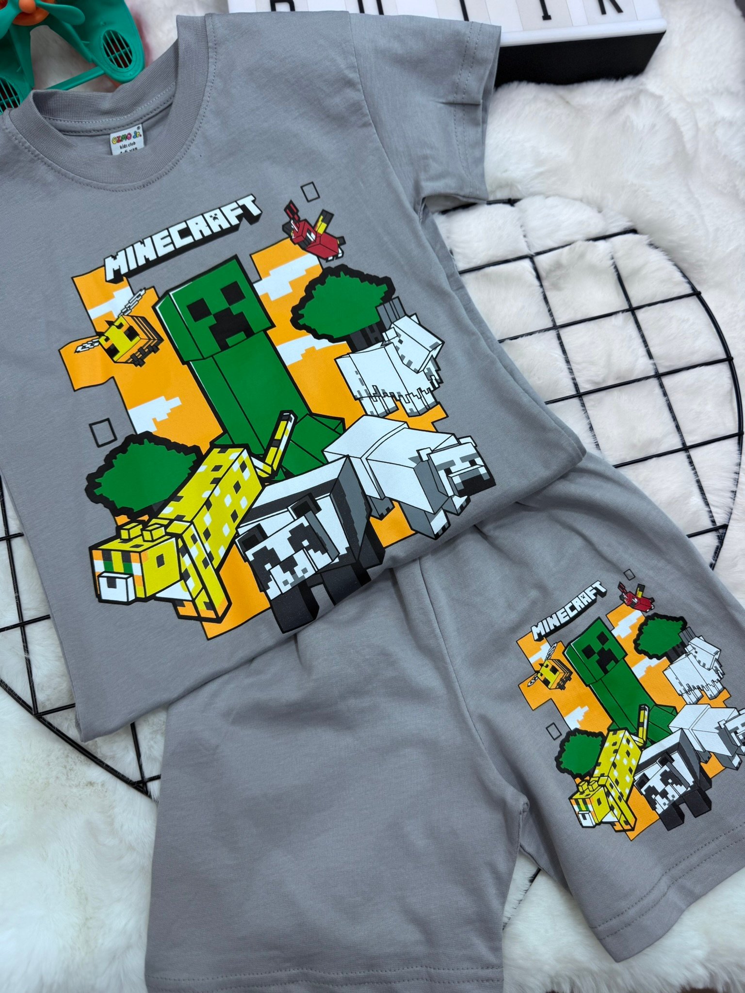 Minecraft %100 Pamuklu Alt Üst Takım Gri