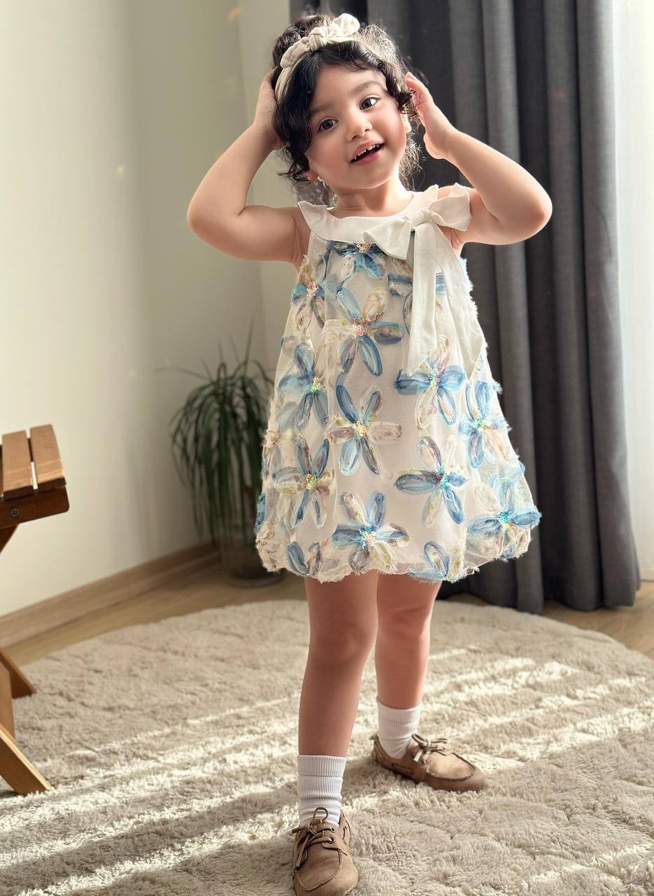 Zambak Nakışlı Kız Çocuk Balon Elbise
