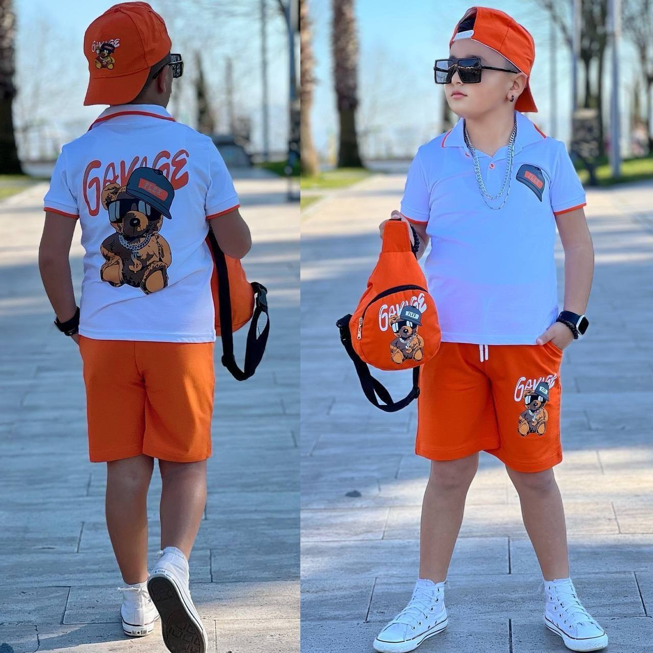 Ayıcık Desenli Polo t-shirt Çanta Şapka Kombin