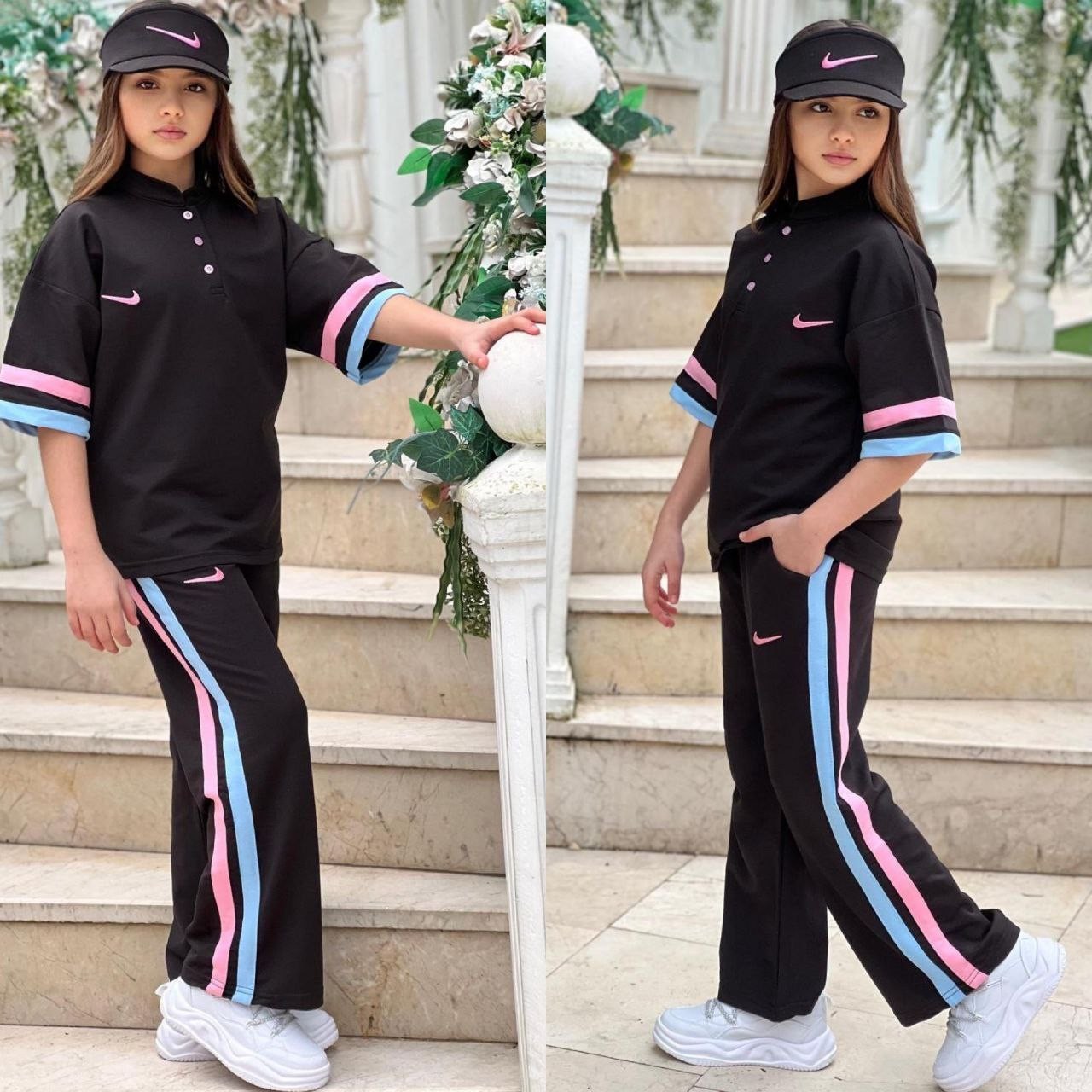 Şerit Detaylı Tenis Şapkalı Kombin Siyah