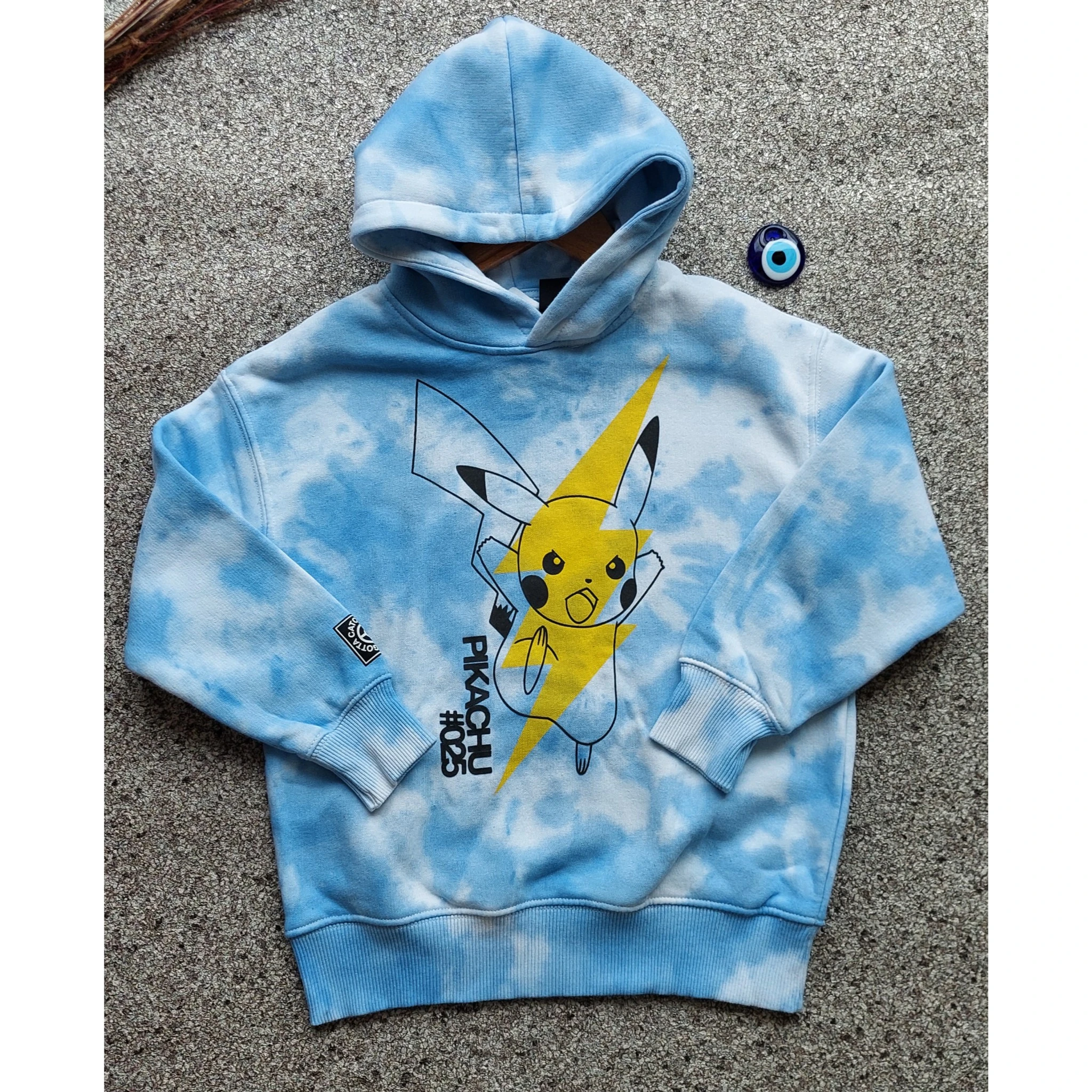 Mavi Batik Desen,Pikachu Baskılı Unisex Sweatshirt 