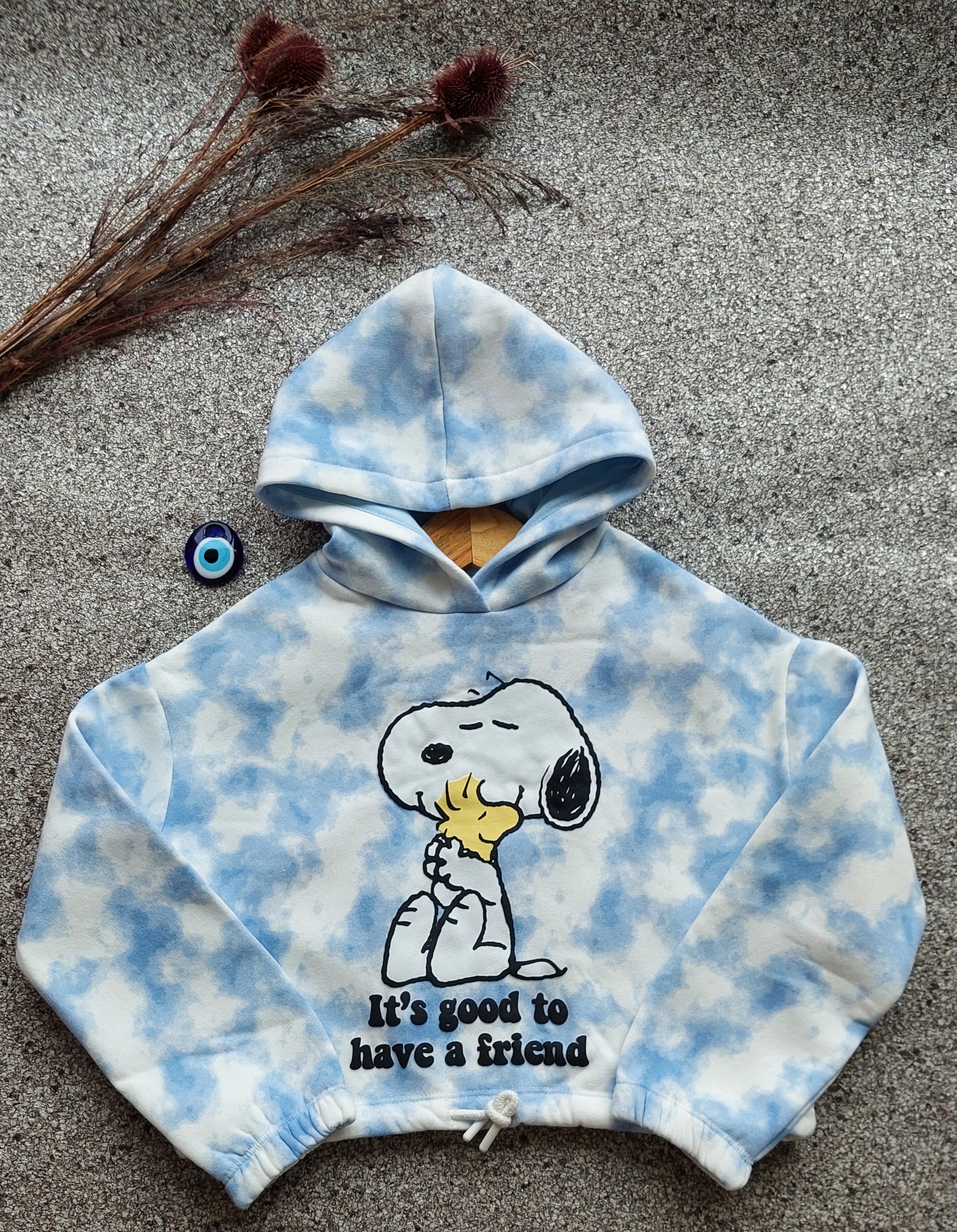 Snoopy Baskılı,Batik Desen,Kapüşonlu Sweatshirt 