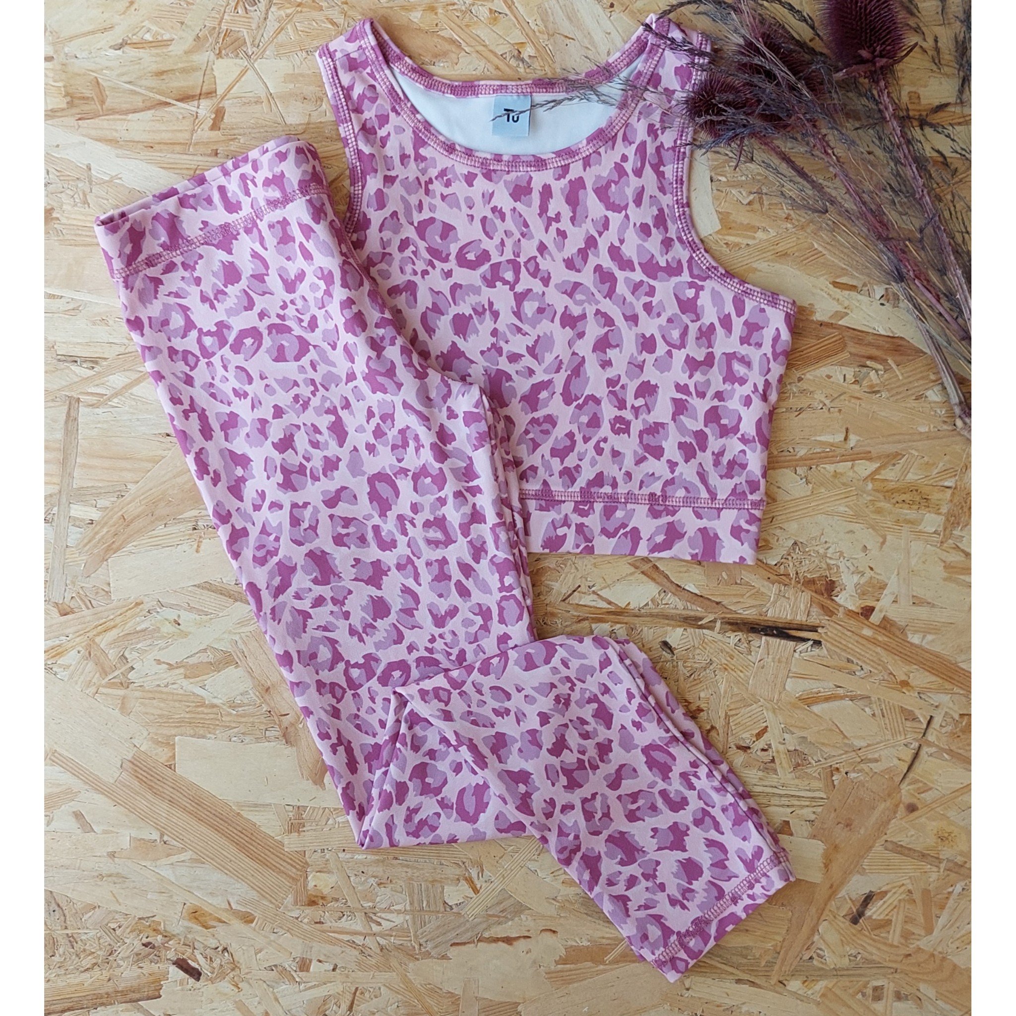 Pembe Leopar Desen,Croplu,Taytlı Takım