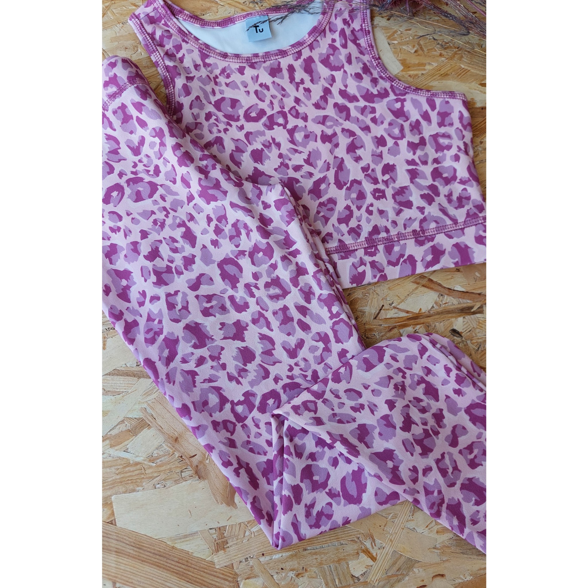 Pembe Leopar Desen,Croplu,Taytlı Takım