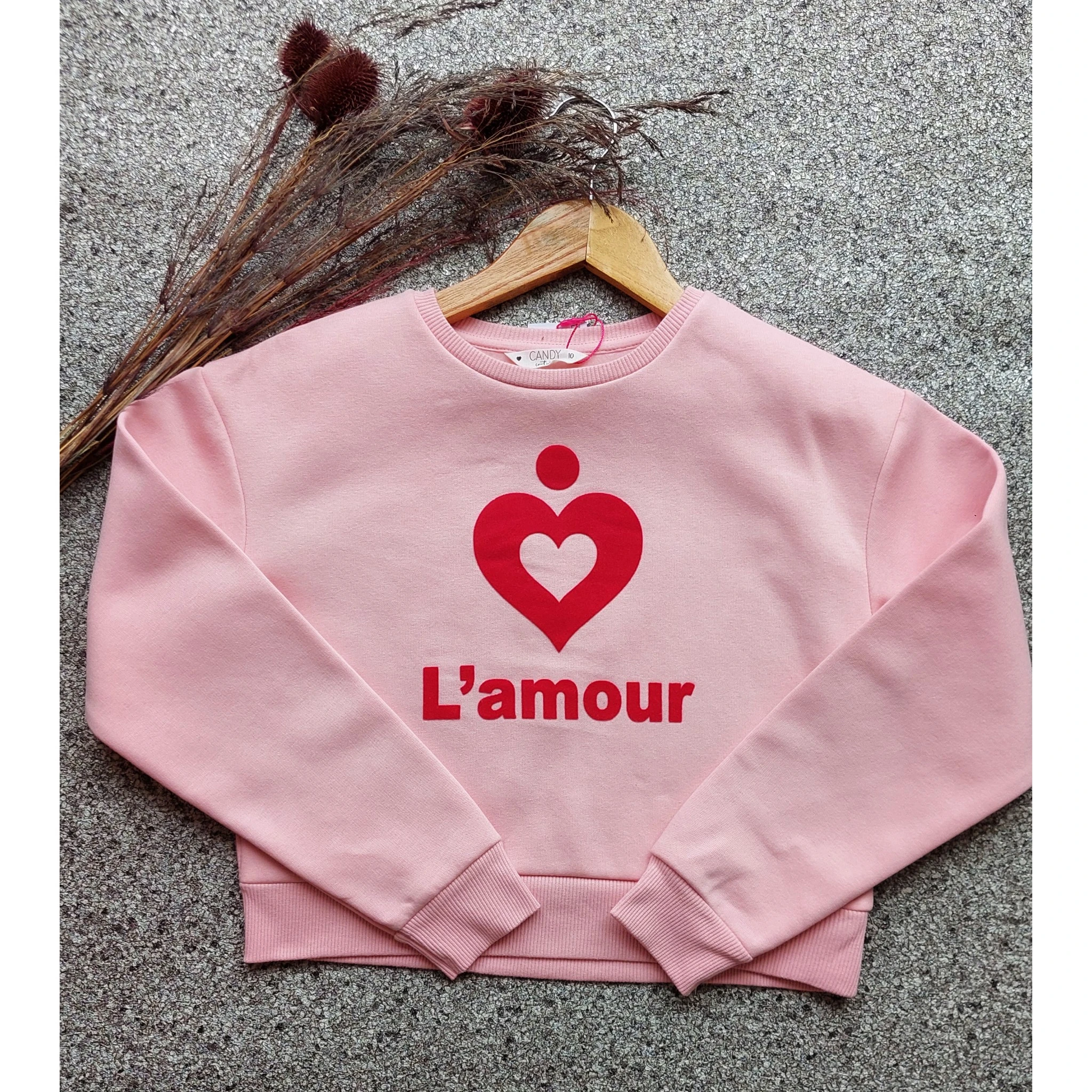 Pembe,Kabartma Baskılı, Şardonlu Kız Çocuk Sweatshirt 