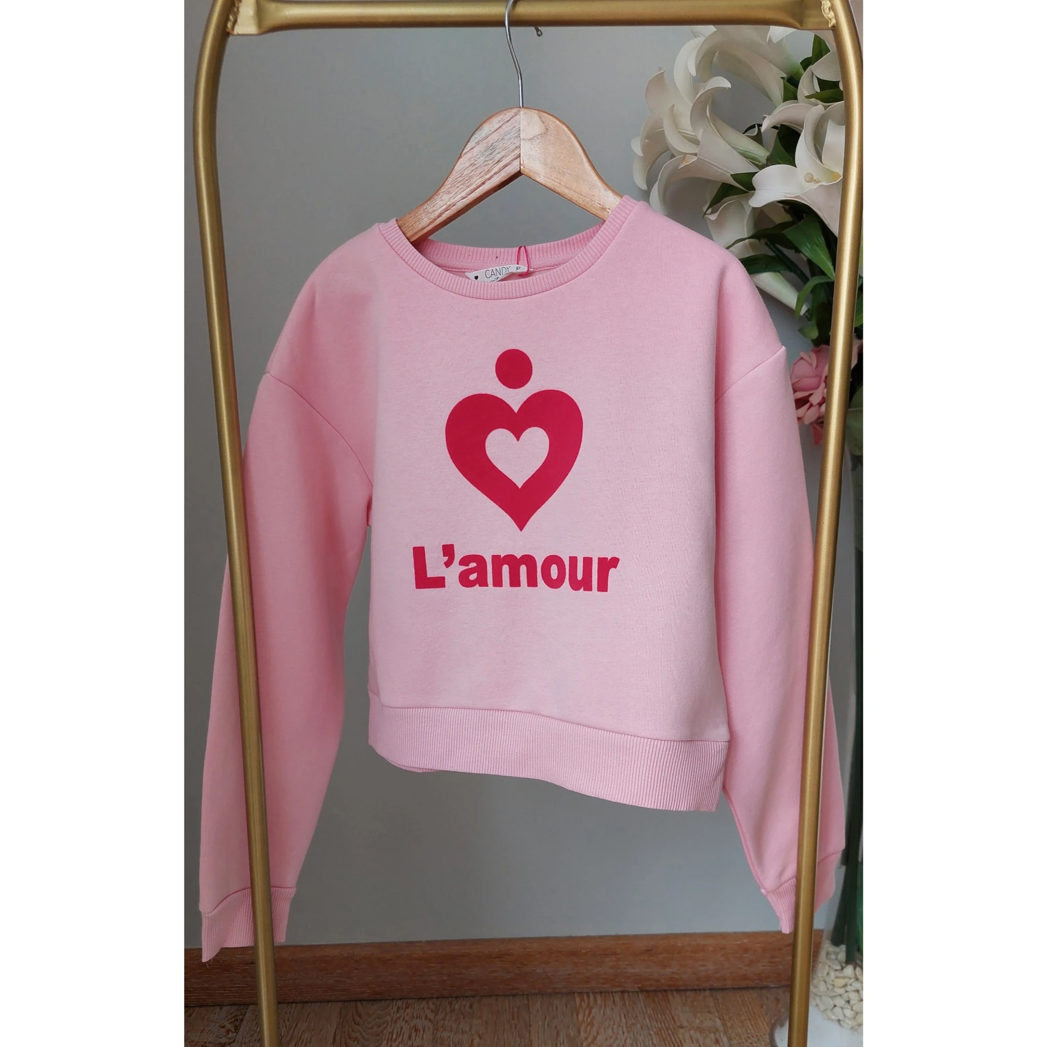 Pembe,Kabartma Baskılı, Şardonlu Kız Çocuk Sweatshirt 